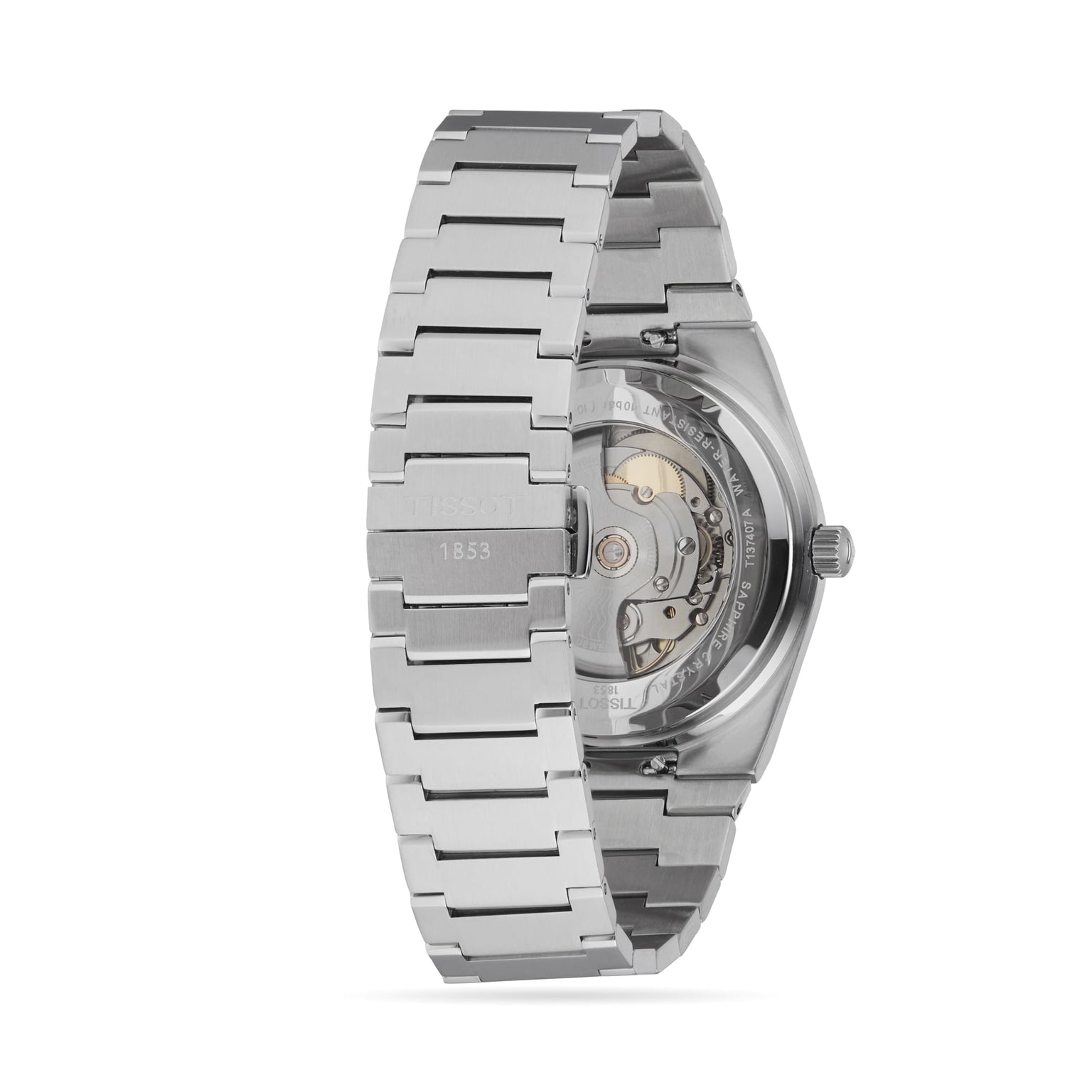 The Tissot PRX Powermatic 80 stainless steel wristwatch features a sapphire crystal and a transparent case back showing its automatic movement, displayed from the rear angle.