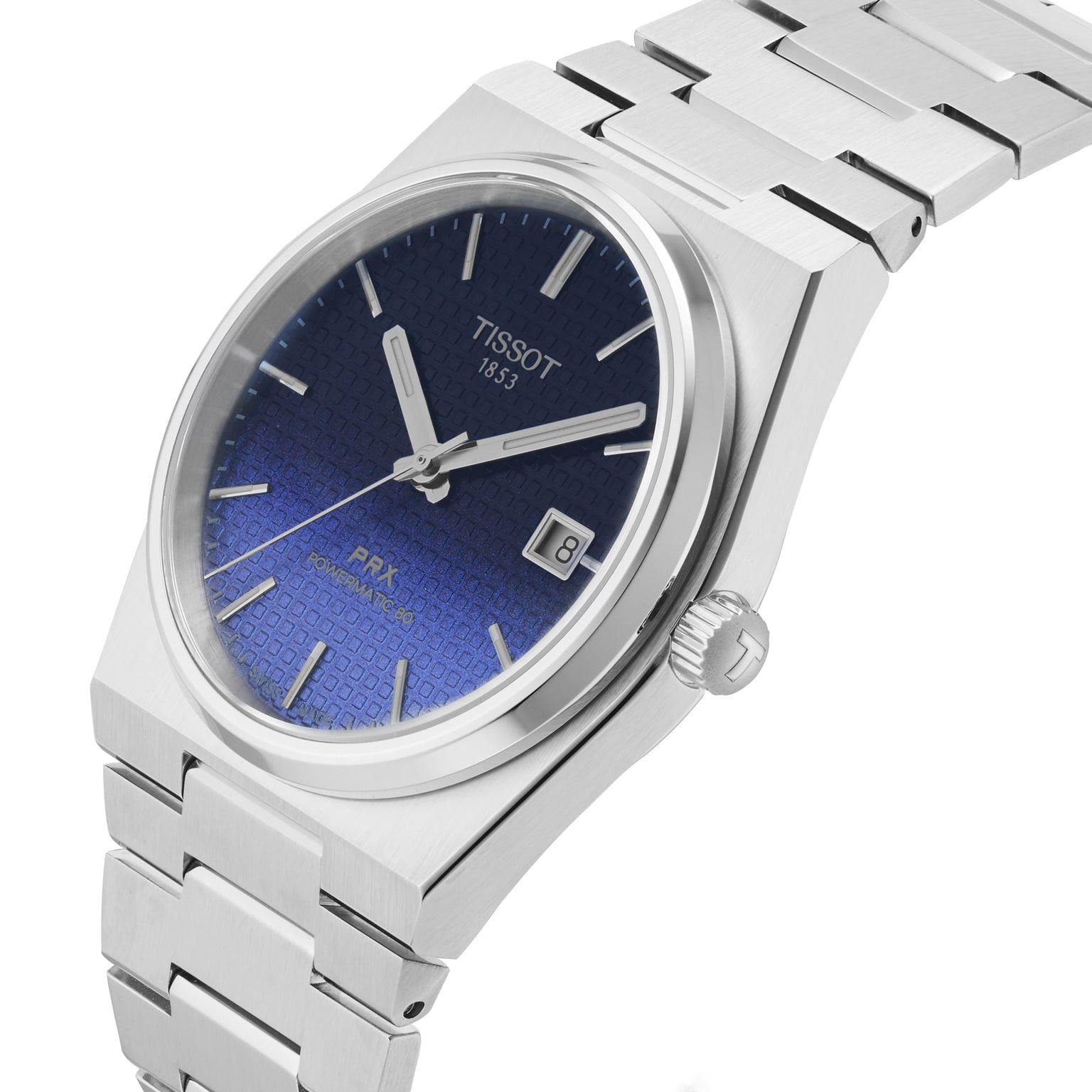 The Tissot PRX Powermatic 80 features a stainless steel case, blue textured dial, silver markers, sapphire crystal, date at 3 o’clock, and a link bracelet.