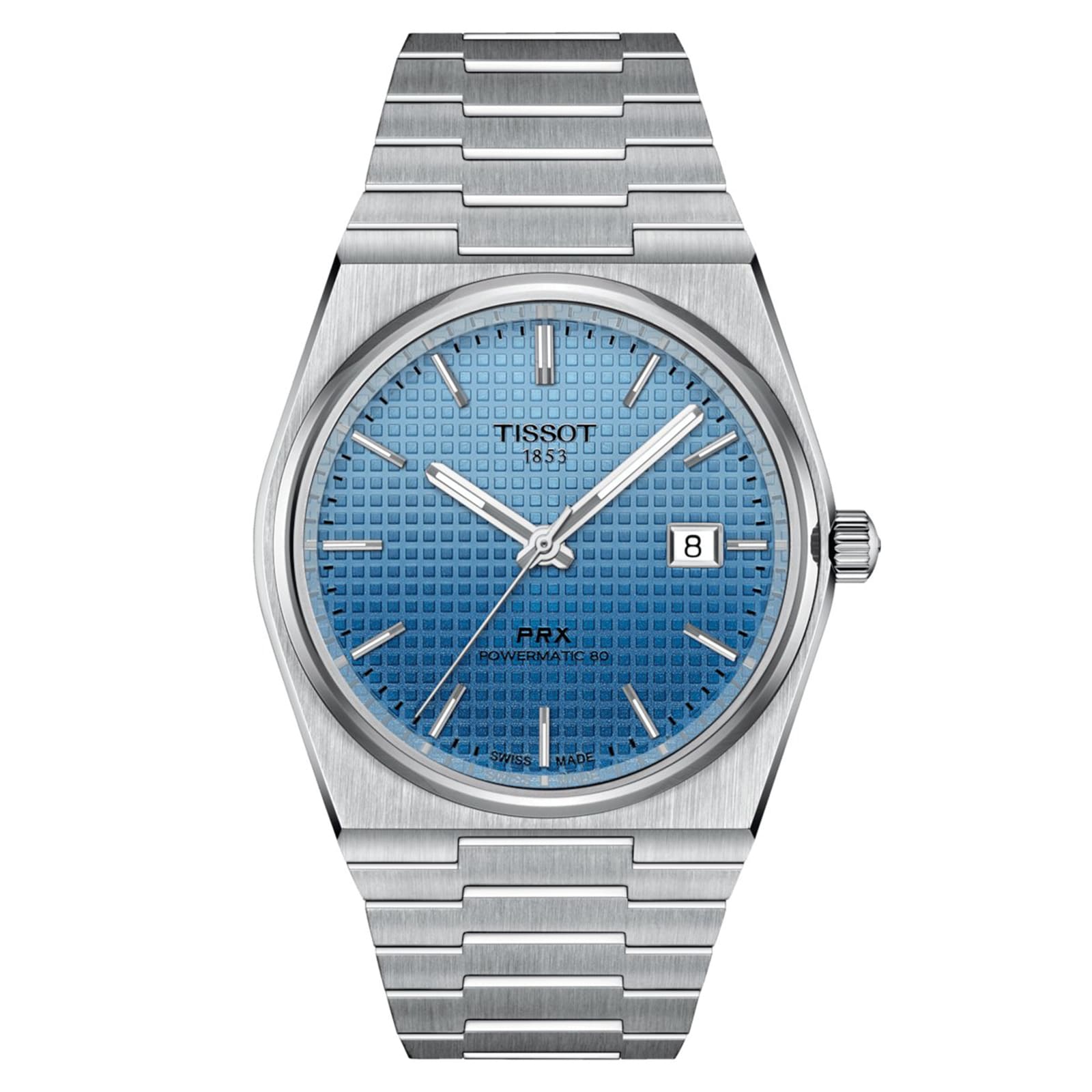 The Tissot PRX Powermatic 80 features a blue textured dial, silver hour markers, sapphire crystal, date window at 3 o’clock, and a silver metal link bracelet.