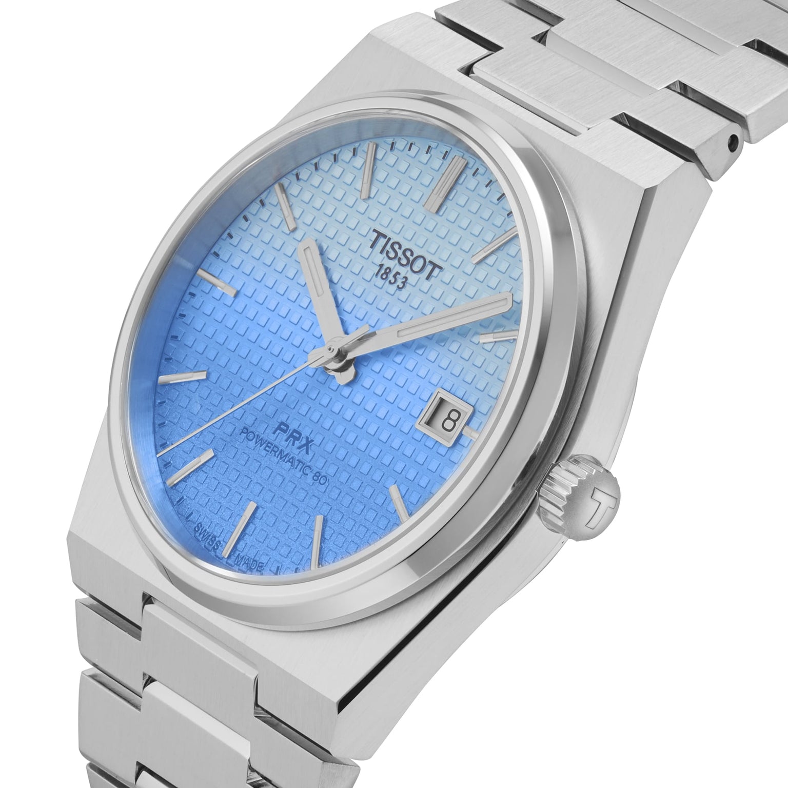 The Tissot PRX Powermatic 80 is a stainless steel wristwatch featuring a blue textured dial, sapphire crystal, silver hands and hour markers, an automatic movement, and a date window at 3 o’clock.