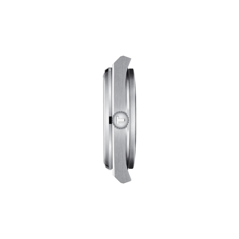 Side view of the Tissot PRX retro watch in silver with a round engraved-logo crown and stainless steel bracelet, displayed against a plain white background.