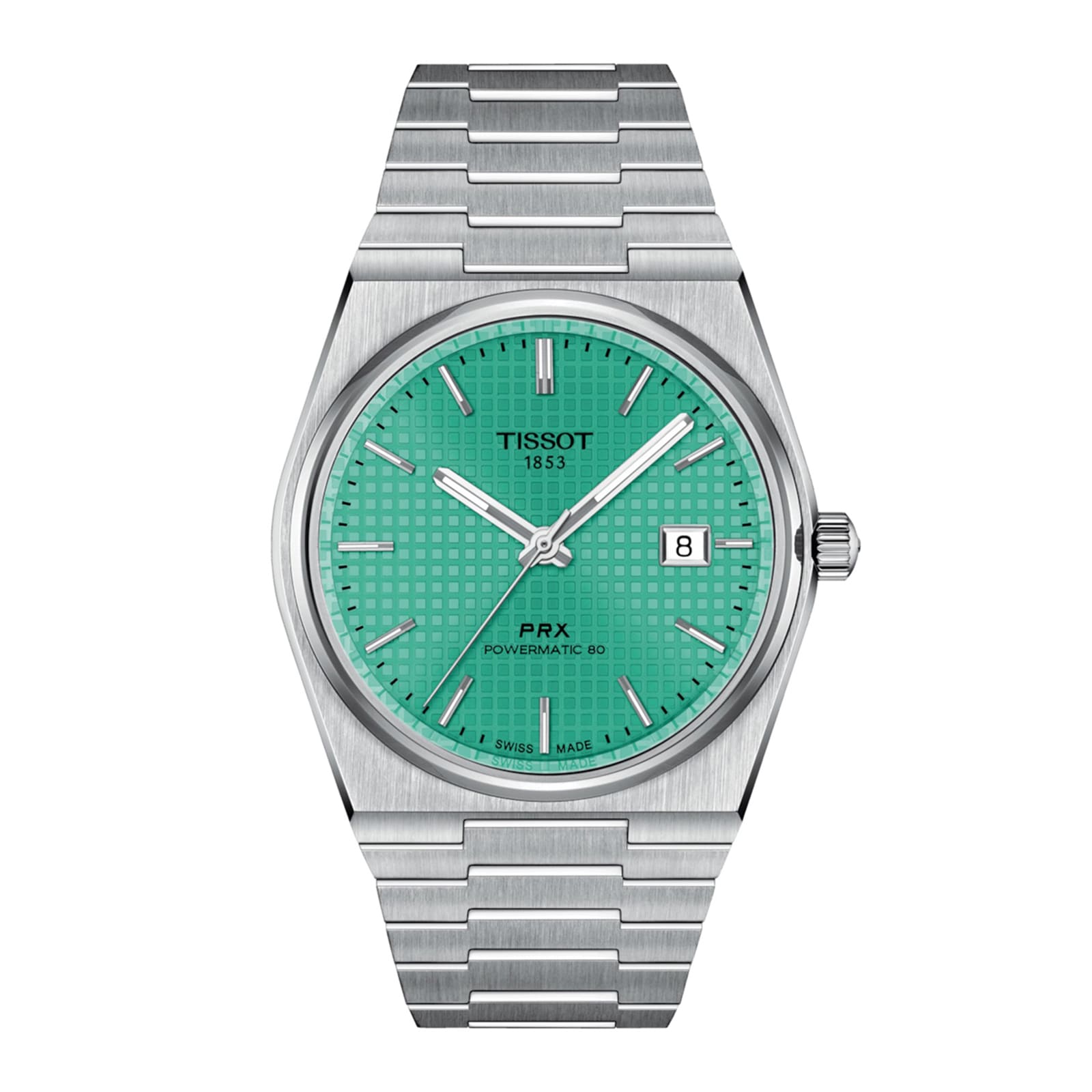 The Tissot PRX Powermatic 80 wristwatch features a stainless steel bracelet, green textured dial, silver hour markers, date at 3 oclock, and a Nivachron hairspring for enhanced precision.