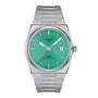 The Tissot PRX Powermatic 80 wristwatch features a stainless steel bracelet, green textured dial, silver hour markers, date at 3 oclock, and a Nivachron hairspring for enhanced precision.