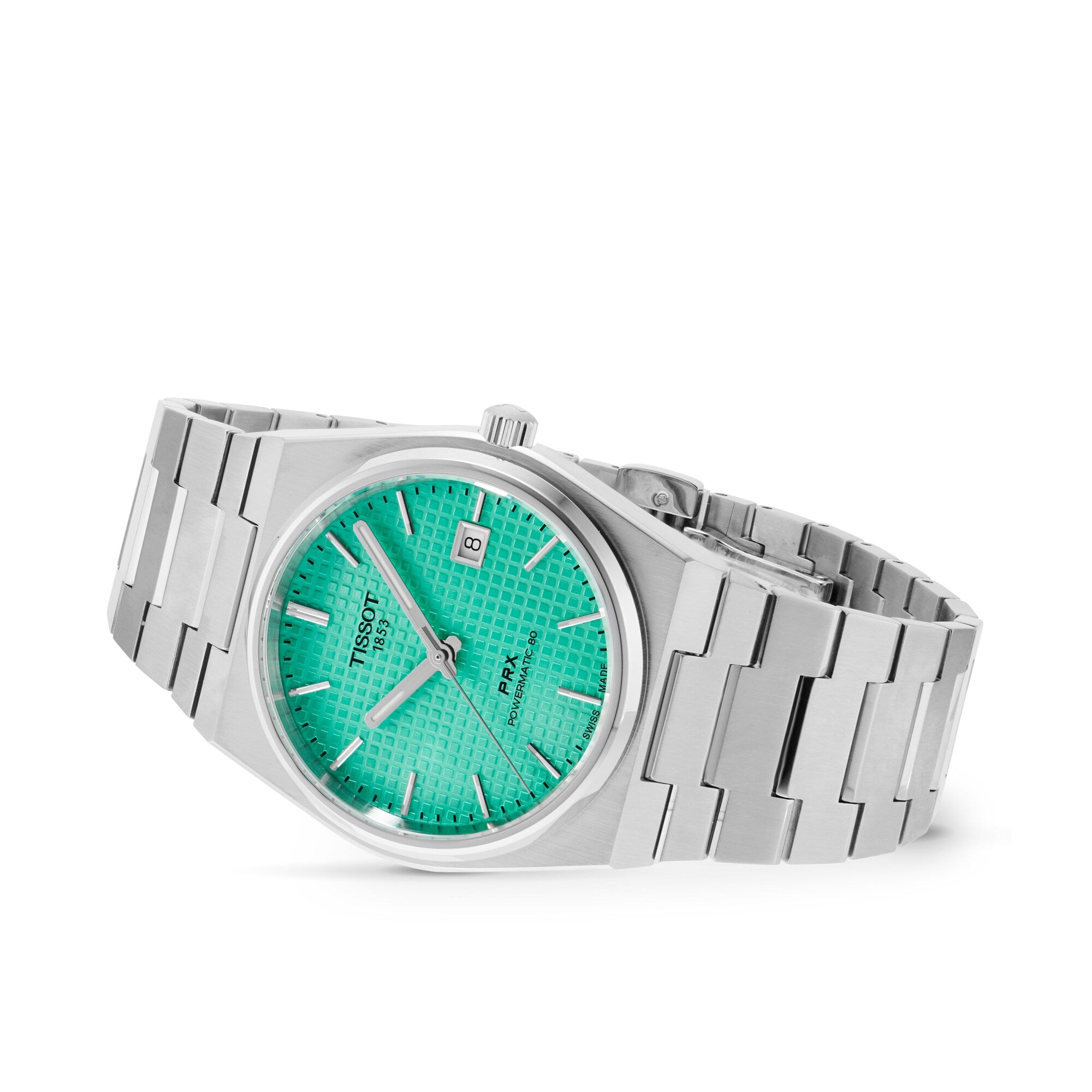 The Tissot PRX Powermatic 80 features a stainless steel case, turquoise textured dial with date at 3 o’clock, and metal link bracelet, shown on a white background.
