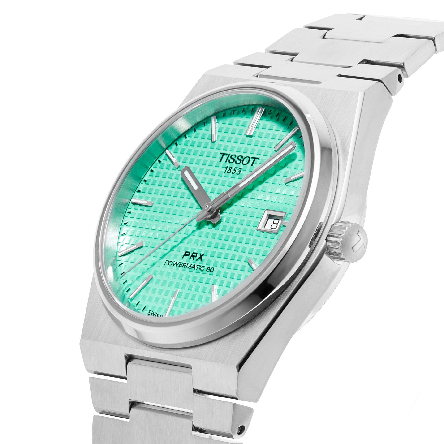 The Tissot PRX Powermatic 80 wristwatch features a stainless steel bracelet, mint green textured dial, silver hands and markers, date display at 3 oclock, and a precise Nivachron hairspring for enhanced accuracy.