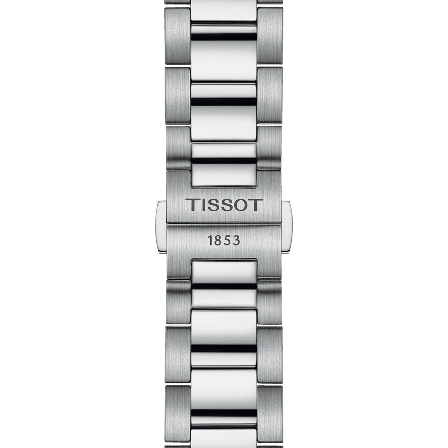 Close-up of the Tissot PR 100 Chronograph’s silver metal bracelet, featuring TISSOT and 1853 engraved on the clasp, and highlighting its exceptional water resistance.