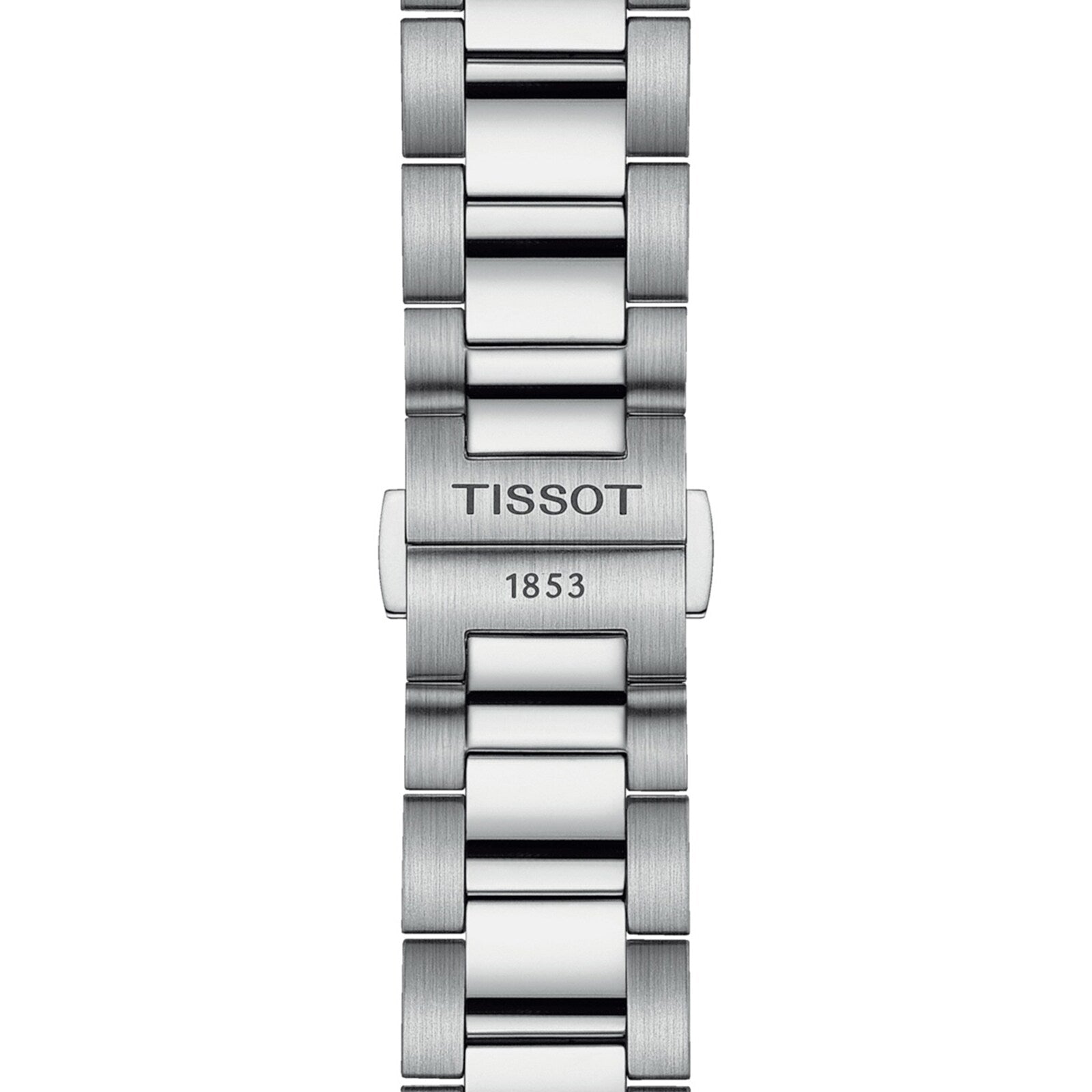 Close-up of the Tissot PR 100 Chronograph’s silver metal bracelet, featuring TISSOT and 1853 engraved on the clasp, and highlighting its exceptional water resistance.