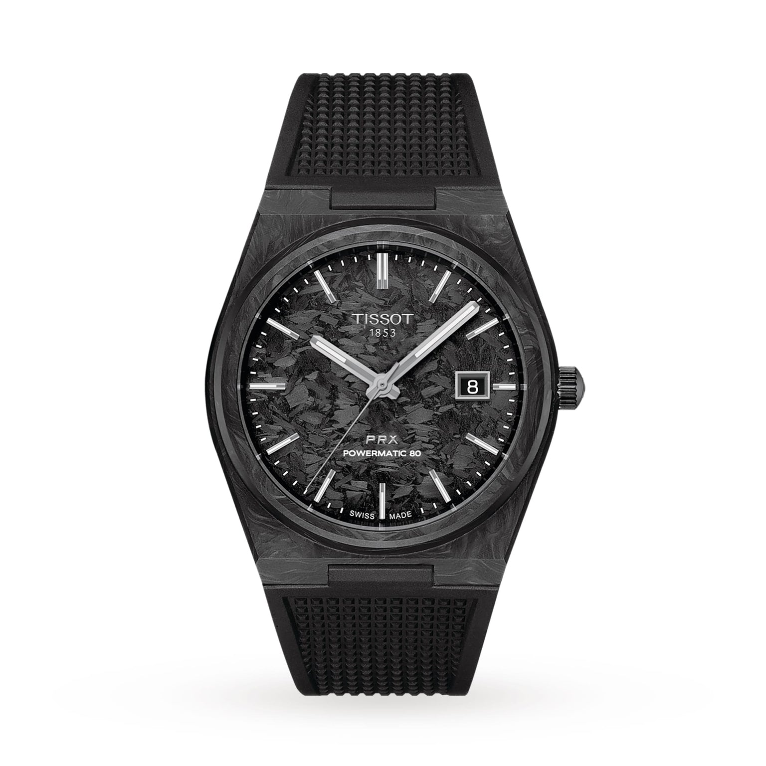 A Tissot PRX Powermatic 80 Carbon watch featuring a textured black dial, date display, and black rubber strap is displayed on a white background.