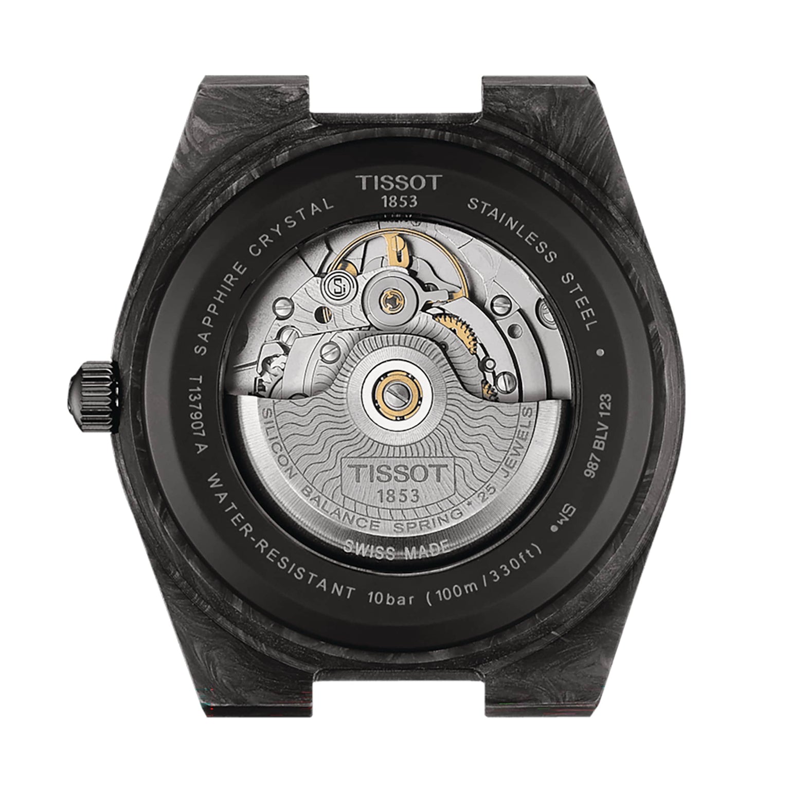 Back view of the Tissot PRX Powermatic 80 Carbon, showcasing its forged carbon case, sapphire crystal, automatic movement, and engraved specs such as water resistance and model details.