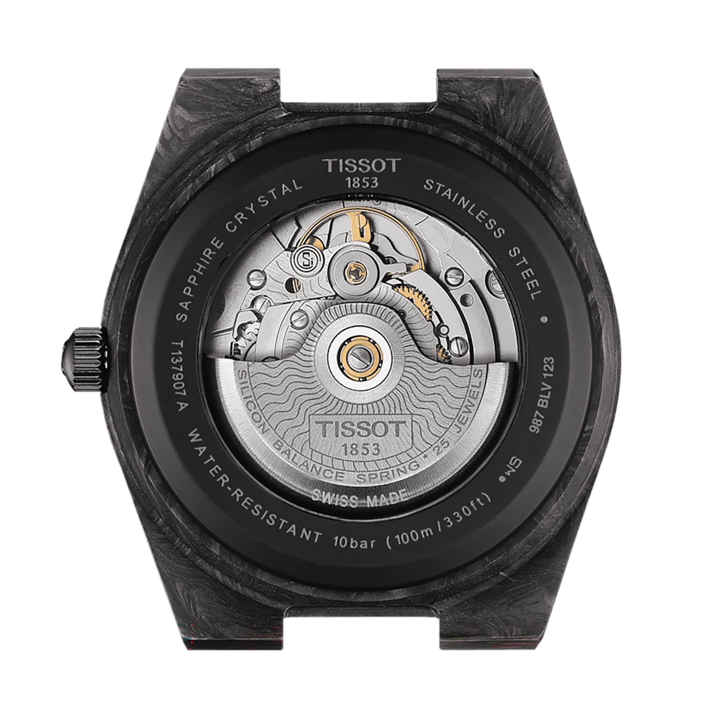 Back view of the Tissot PRX Powermatic 80 Carbon, showcasing its forged carbon case, sapphire crystal, automatic movement, and engraved specs such as water resistance and model details.