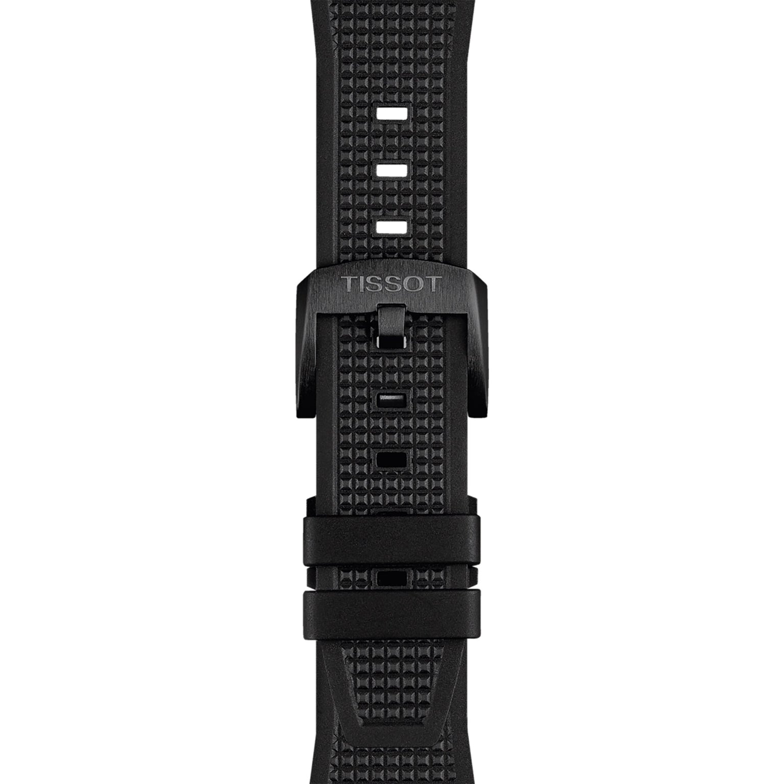 Close-up of a black textured Tissot strap with black buckle, two loops, and engraved Tissot logo—designed to match the PRX Powermatic 80 Carbon’s style and sapphire crystal clarity.