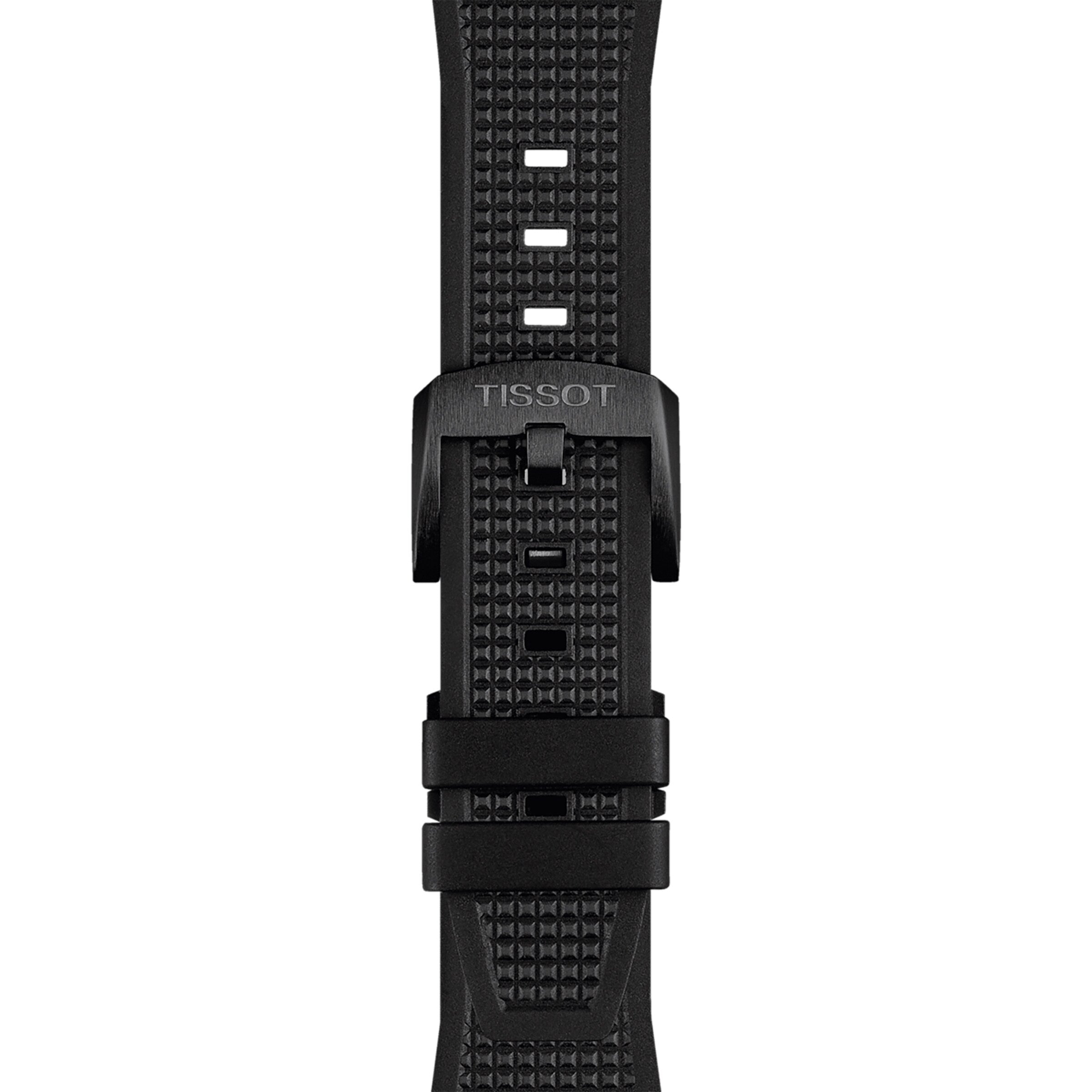 Close-up of a black textured Tissot strap with black buckle, two loops, and engraved Tissot logo—designed to match the PRX Powermatic 80 Carbon’s style and sapphire crystal clarity.