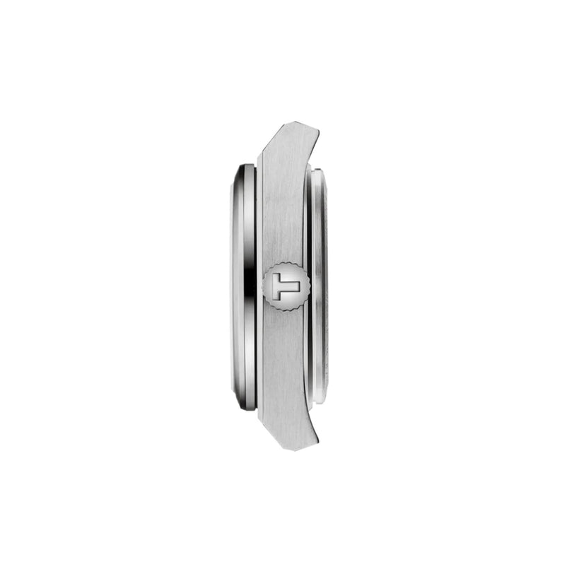 Side view of a silver Tissot PRX 25mm wristwatch case with a round crown engraved with the “H” logo, highlighting its vintage aesthetic design on a plain white background.