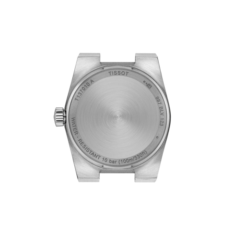 The Tissot PRX features a stainless steel case back engraved with quartz movement info, 10 bar/100m/330ft water resistance, brand name, and vintage-inspired details.