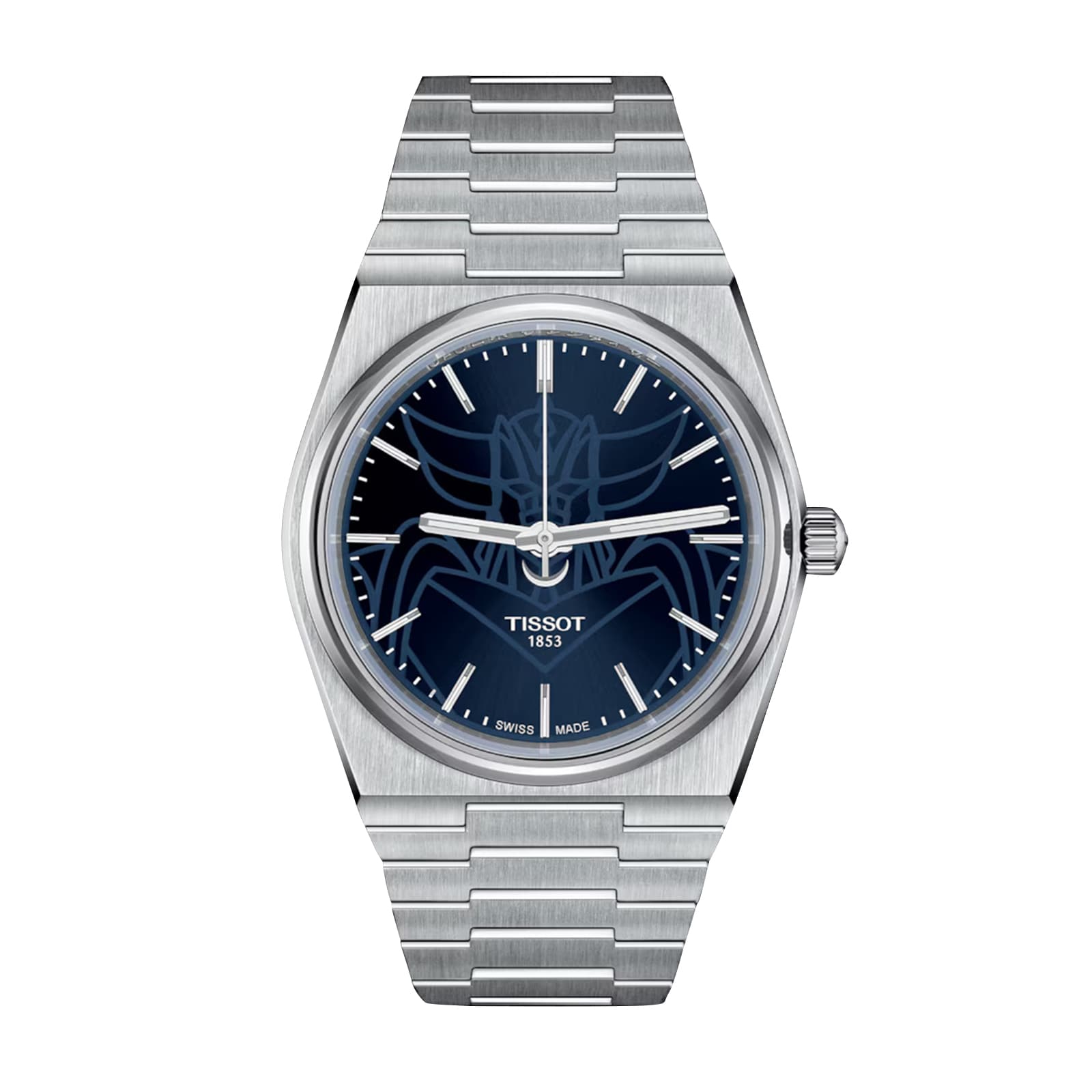 A silver Tissot PRX UFO Robot Grendizer watch with a blue dial featuring an outlined Grendizer logo.