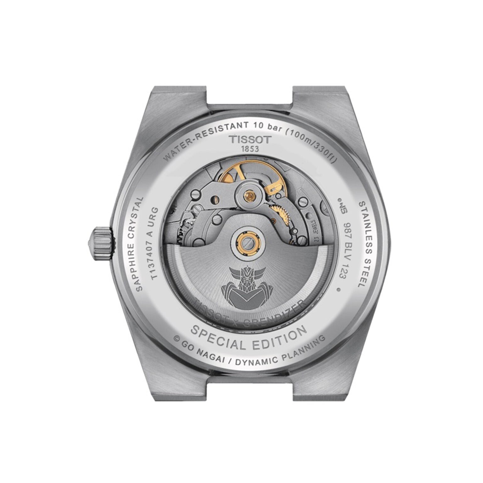 Back view of the Tissot PRX UFO Robot Grendizer watch showing its exposed automatic movement and engraved details on the stainless steel case.