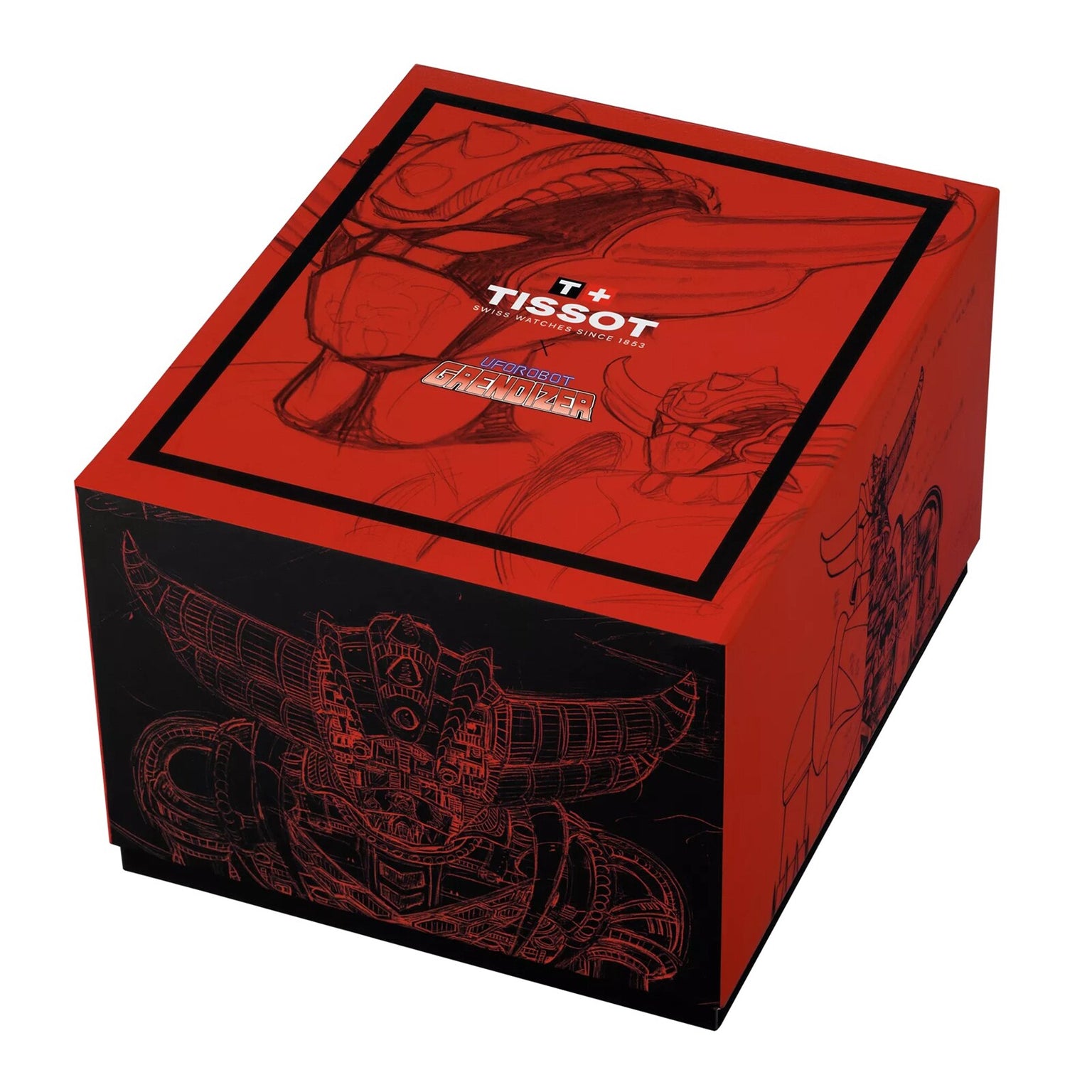 The Tissot PRX UFO Robot Grendizer watch comes in a red box with robot-with-horns sketches and Grendizer branding.