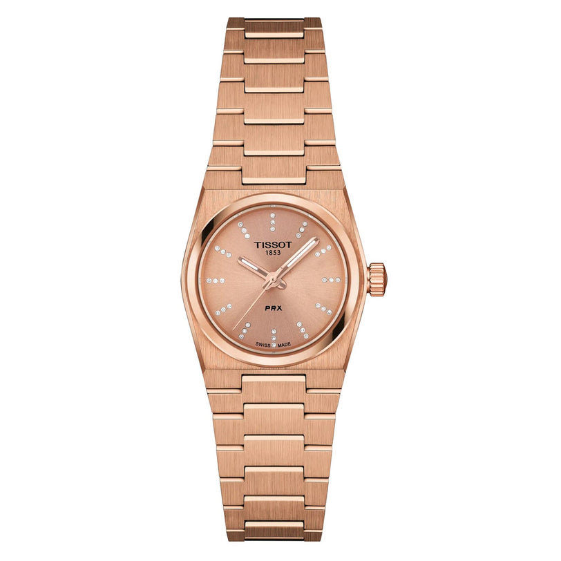 The Tissot PRX features a rose-gold PVD metal band and case, sapphire crystal, round dial with diamond hour markers, and three hands.