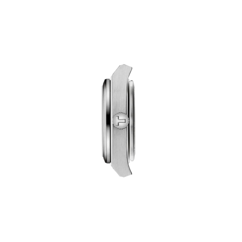 Side view of the Tissot PRX 25mm silver wristwatch case with a crown engraved with a cross logo and sapphire crystal, displayed on a white background.