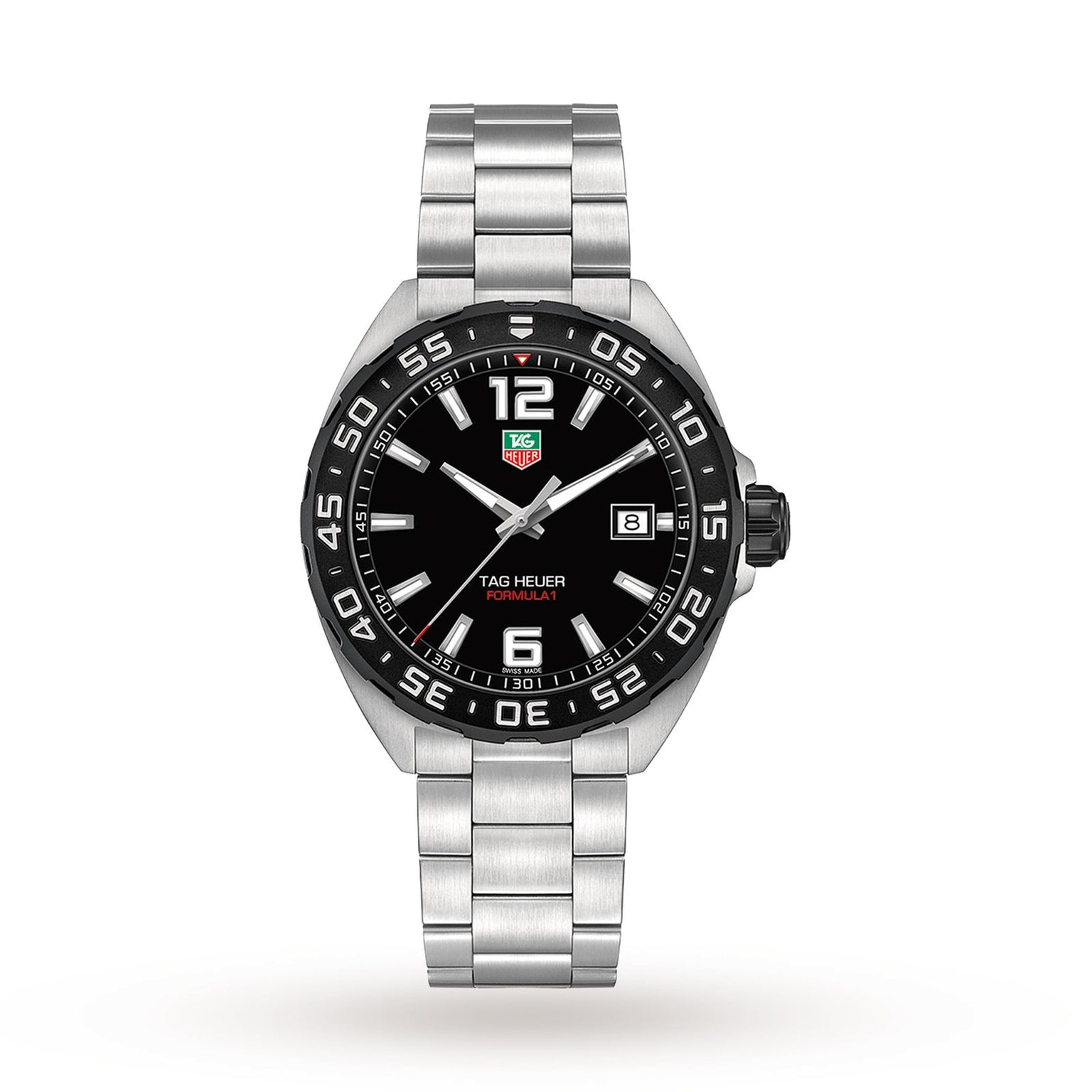 The TAG Heuer Formula 1 Date features a stainless steel case, black dial with silver indices, date window at 3 oclock, and a unidirectional black bezel—powered by quartz movement.