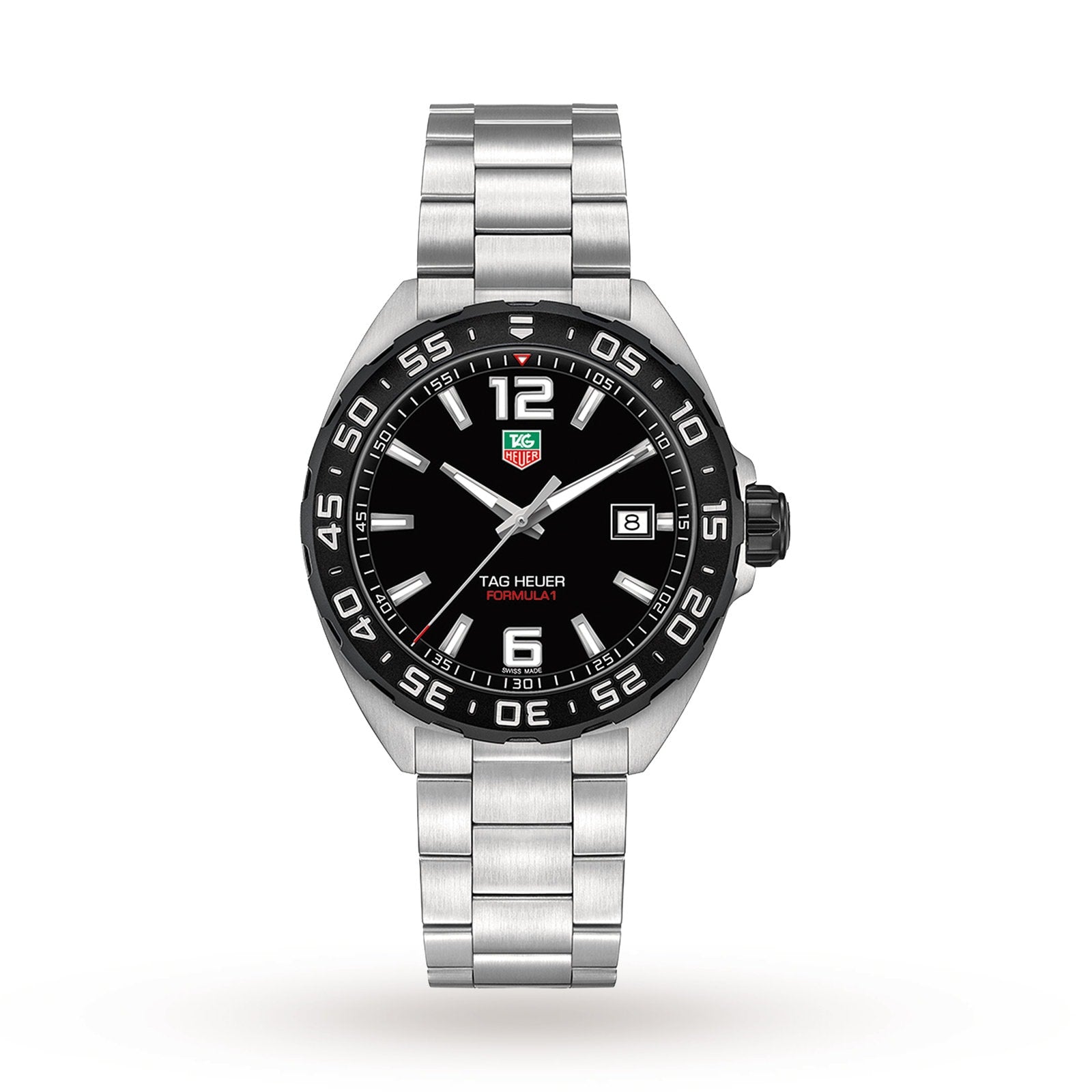 The TAG Heuer Formula 1 Date features a stainless steel case, black dial with silver indices, date window at 3 oclock, and a unidirectional black bezel—powered by quartz movement.