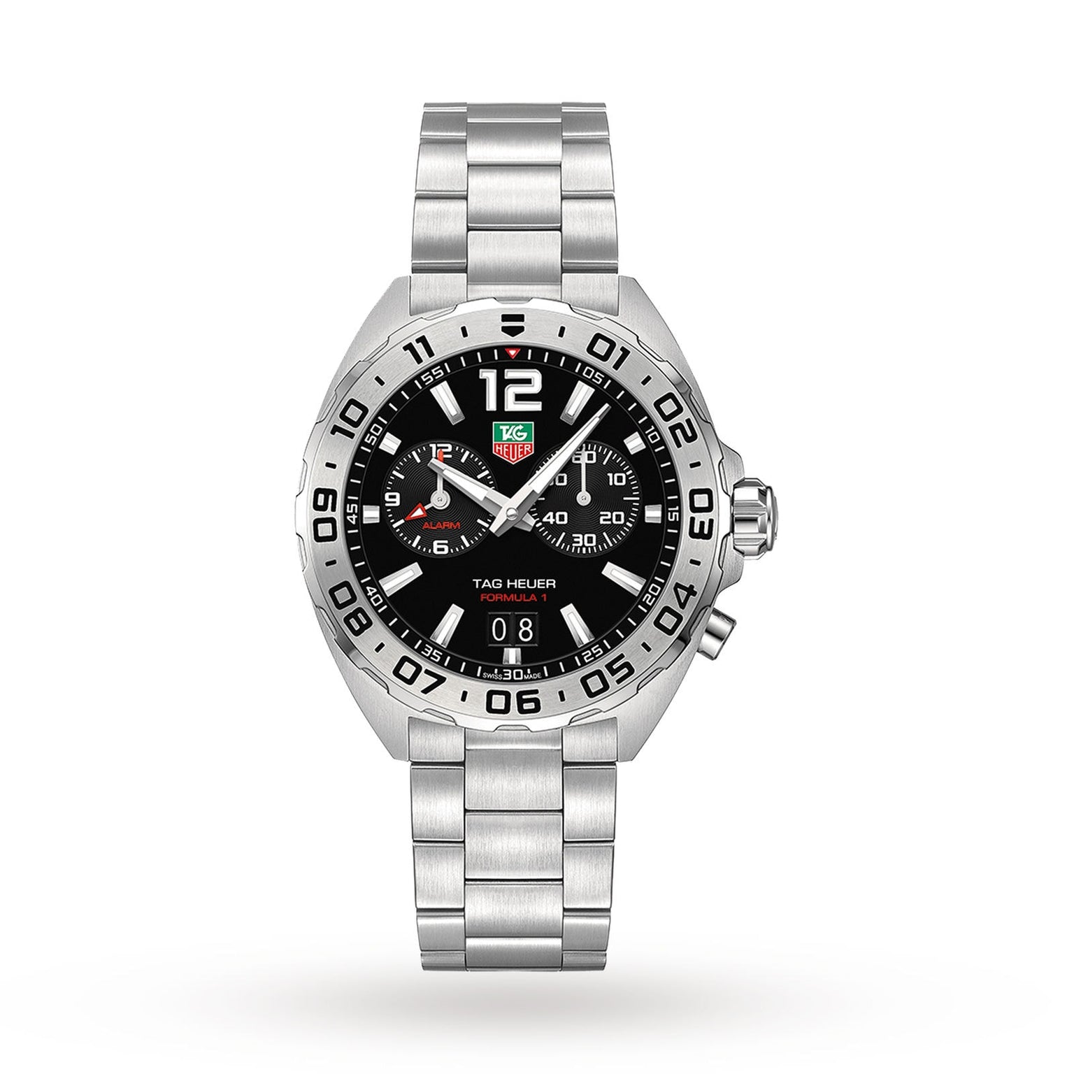 A TAG Heuer Formula 1 Date stainless steel watch with a black dial, chronograph subdials, date window, and link bracelet, displayed on a plain white background.