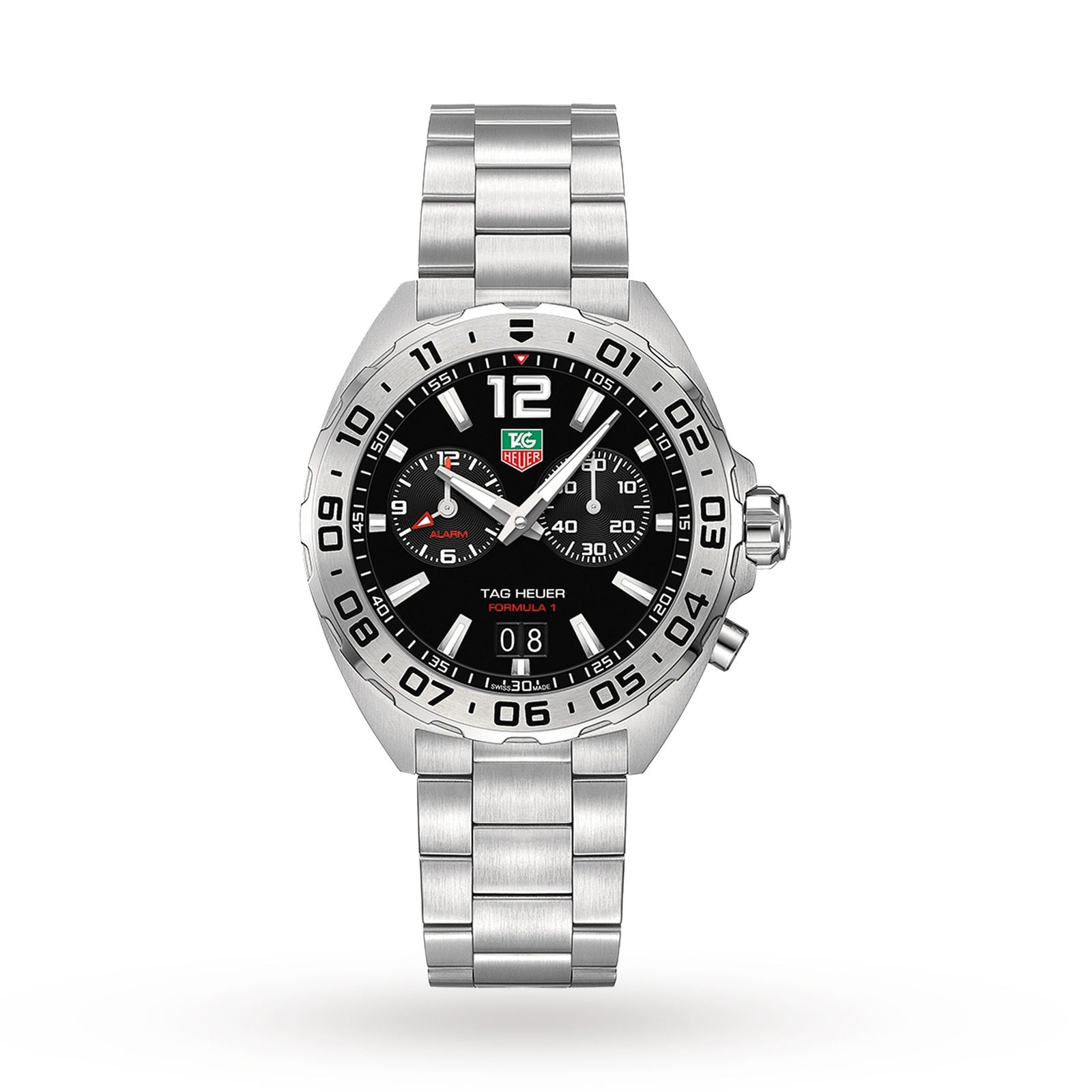 A TAG Heuer Formula 1 Date stainless steel watch with a black dial, chronograph subdials, date window, and link bracelet, displayed on a plain white background.