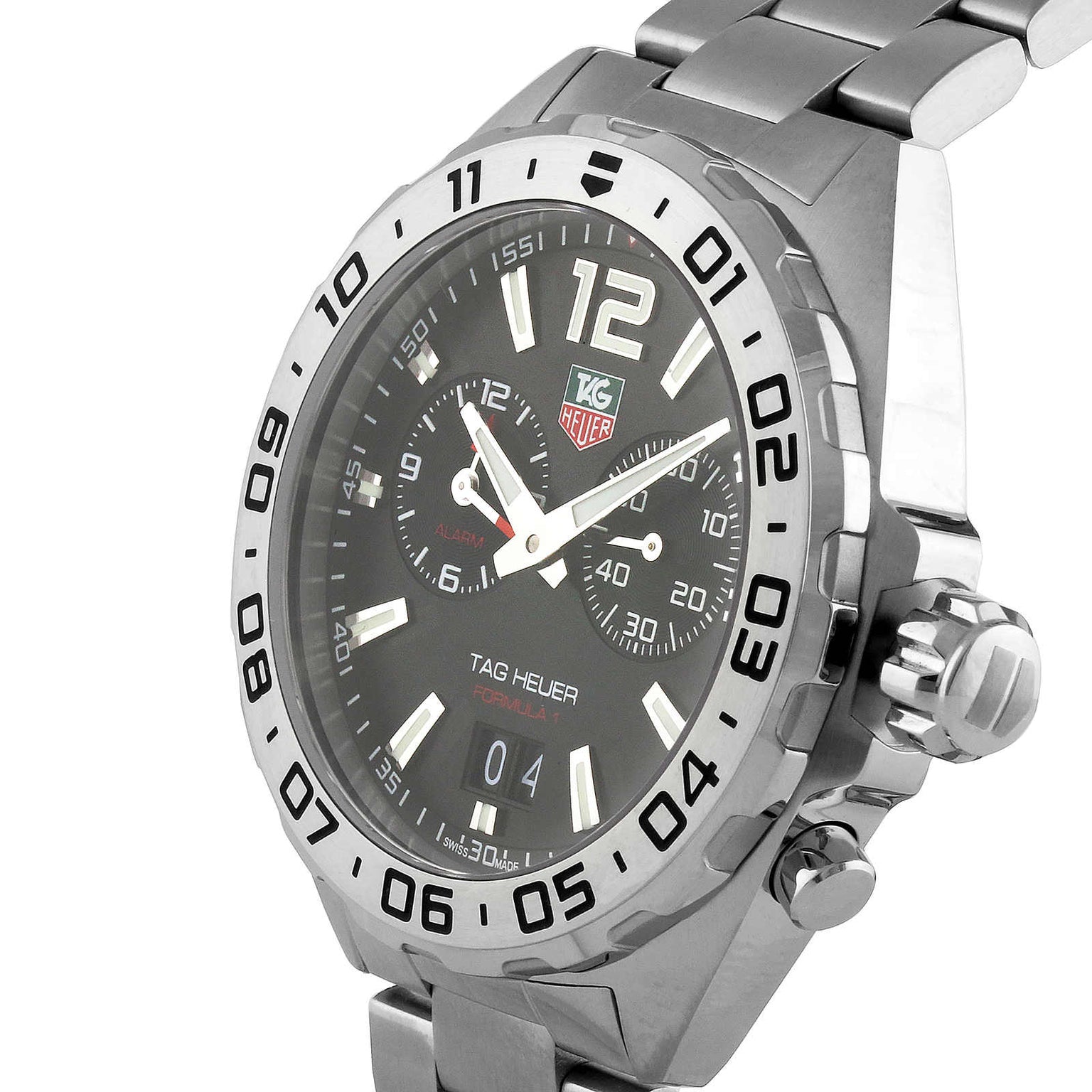 The TAG Heuer Formula 1 Date wristwatch features a silver stainless steel bracelet, black dial, and date display.