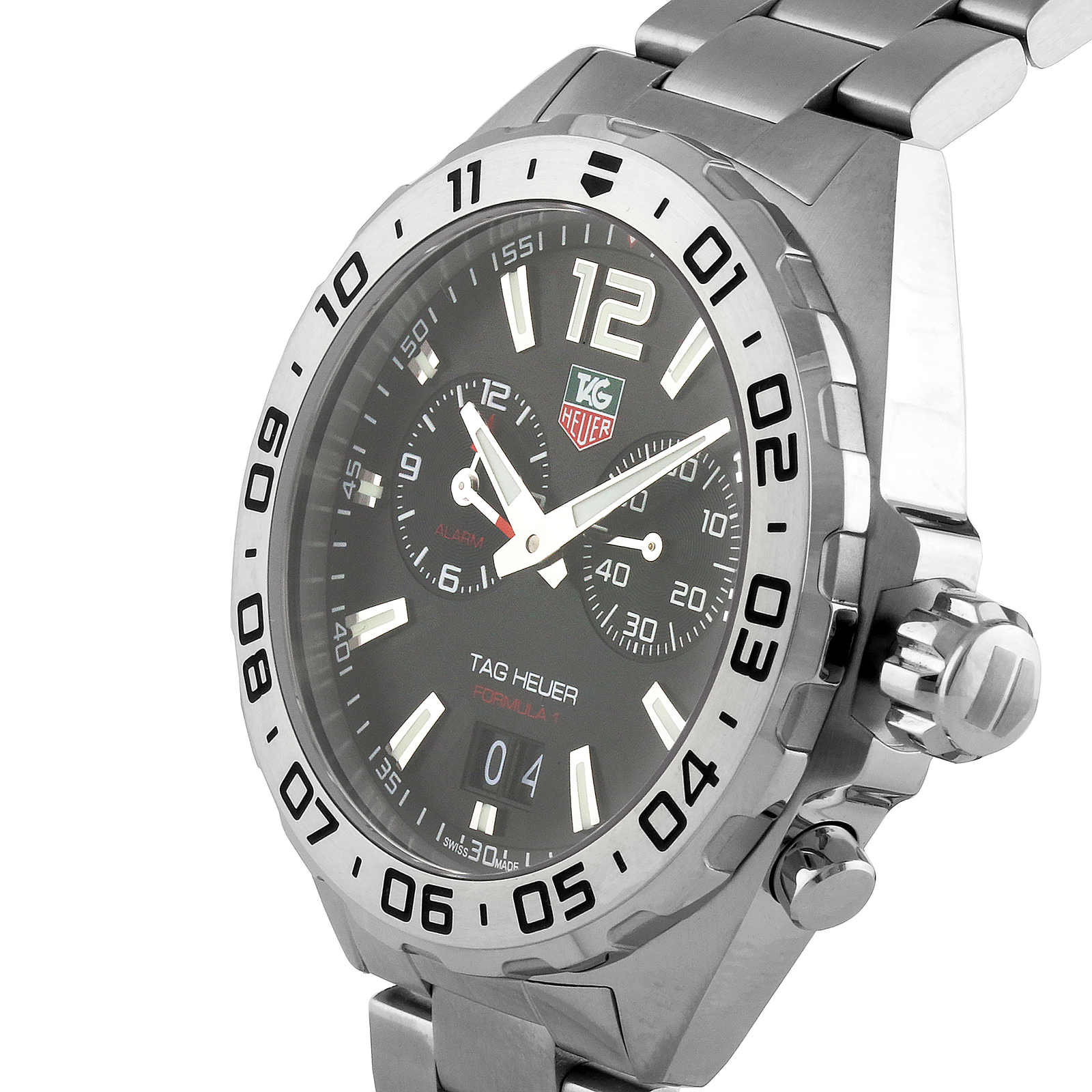 The TAG Heuer Formula 1 Date wristwatch features a silver stainless steel bracelet, black dial, and date display.