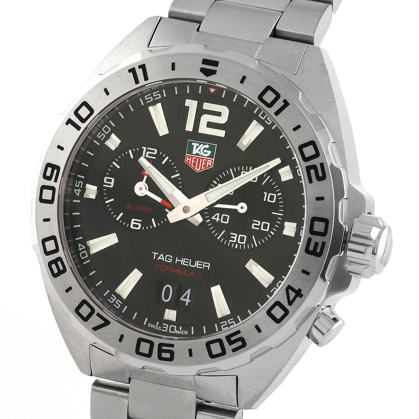 The TAG Heuer Formula 1 Date is a stainless steel sports watch with a black dial, luminous hour markers, three subdials, date display, and a metal bracelet.