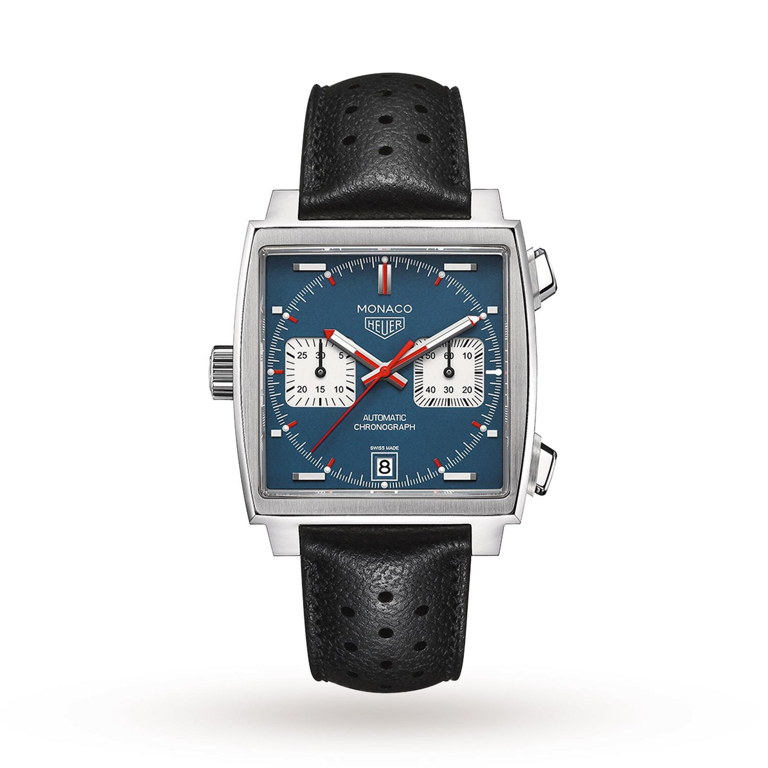 The TAG Heuer Monaco Chronograph features a square face, blue dial, two white subdials, black perforated leather strap, a date display at 6 o’clock, and is famously worn by Steve McQueen.