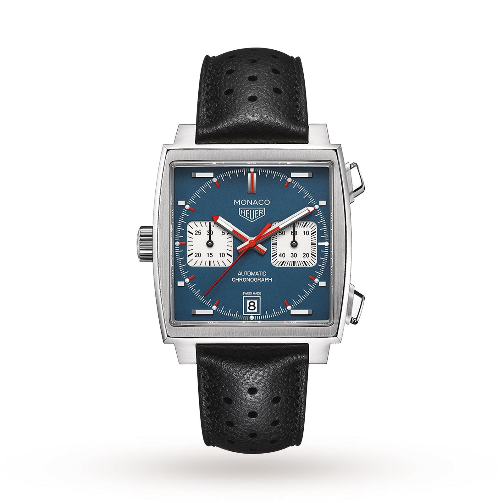 The TAG Heuer Monaco Chronograph features a square face, blue dial, two white subdials, black perforated leather strap, a date display at 6 o’clock, and is famously worn by Steve McQueen.
