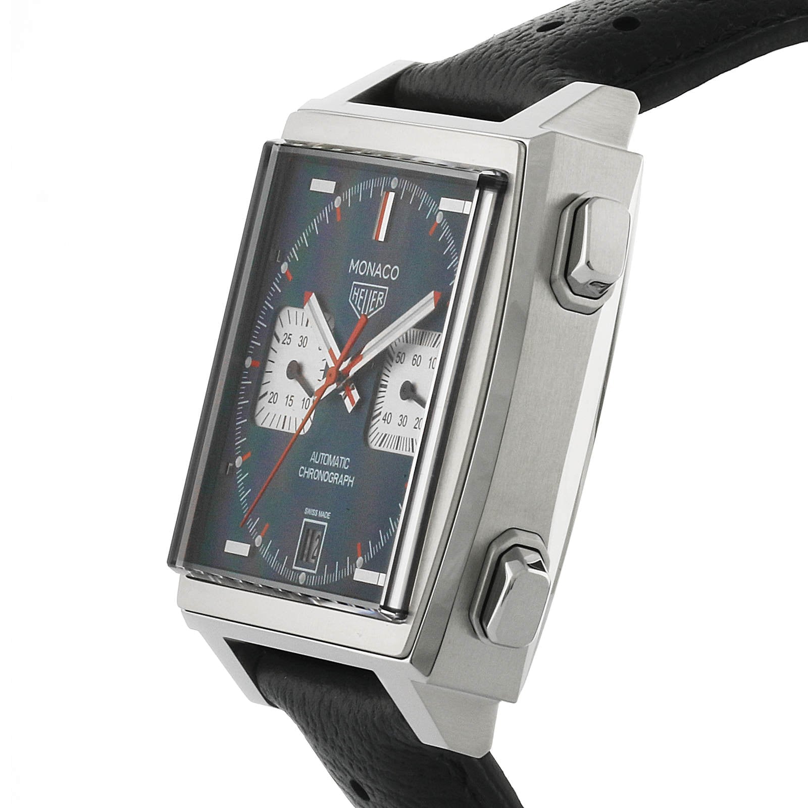 The TAG Heuer Monaco Chronograph is a square watch inspired by Steve McQueen, featuring a black strap, side buttons, black dial with two subdials, date display, and calibre 11 automatic movement.