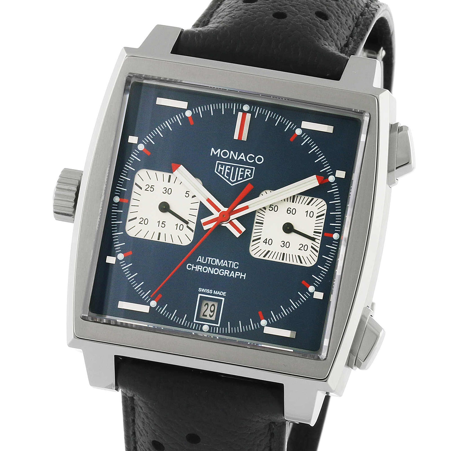 The TAG Heuer Monaco Chronograph features a square case, blue dial, two white subdials, red hands, calibre 11 automatic movement, date display at 6 oclock, and a black perforated leather strap.