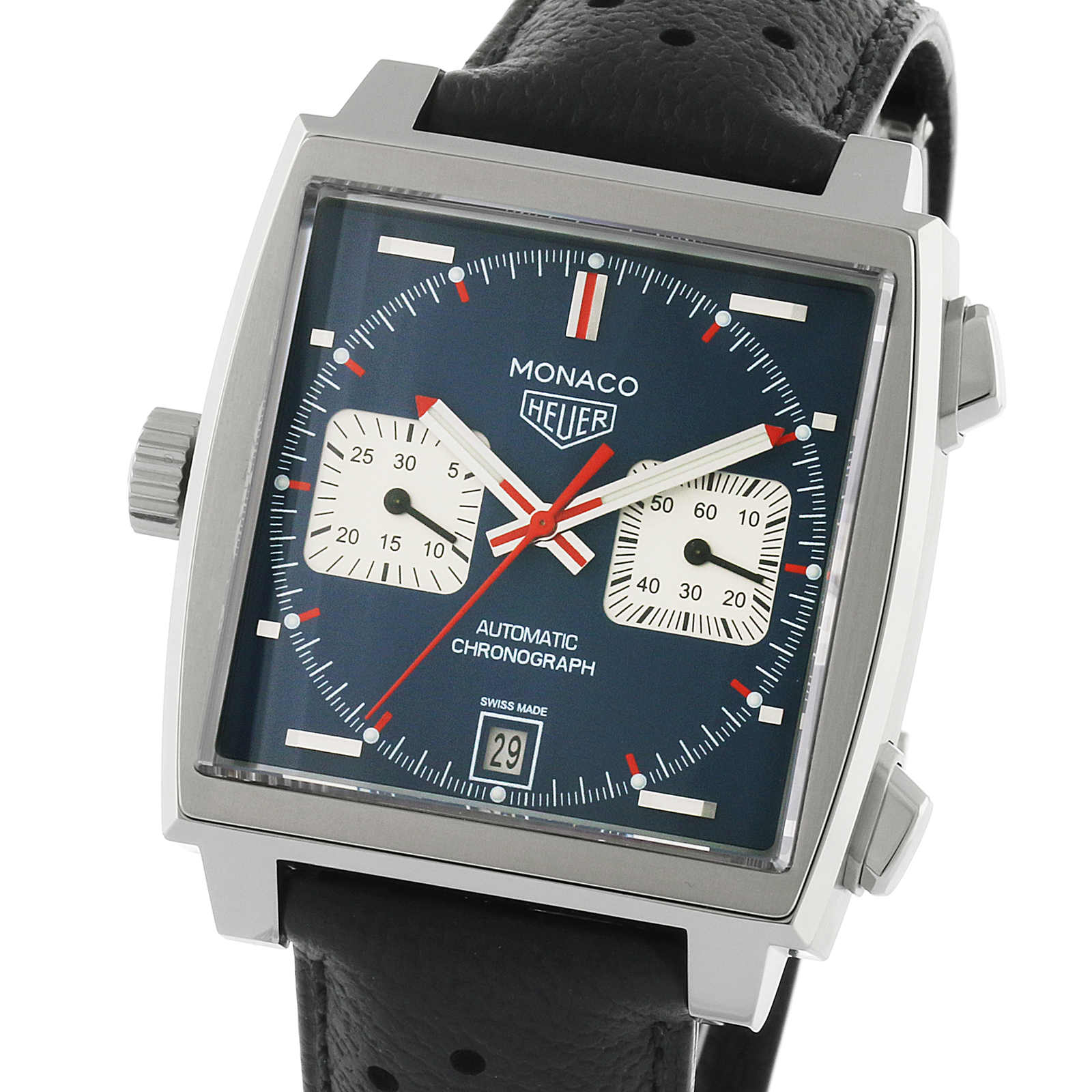 The TAG Heuer Monaco Chronograph features a square case, blue dial, two white subdials, red hands, calibre 11 automatic movement, date display at 6 oclock, and a black perforated leather strap.