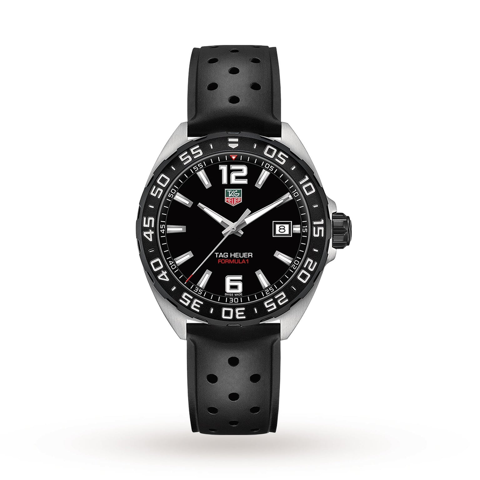 The TAG Heuer Formula 1 Date watch features a black dial with white markers, date display at 3 o’clock, and a black perforated rubber strap—all powered by quartz movement.