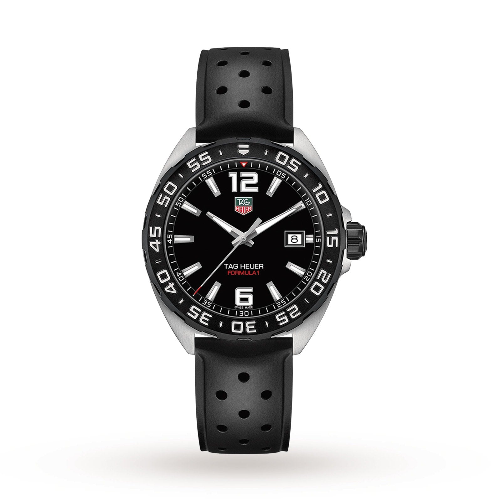 The TAG Heuer Formula 1 Date watch features a black dial with white markers, date display at 3 o’clock, and a black perforated rubber strap—all powered by quartz movement.