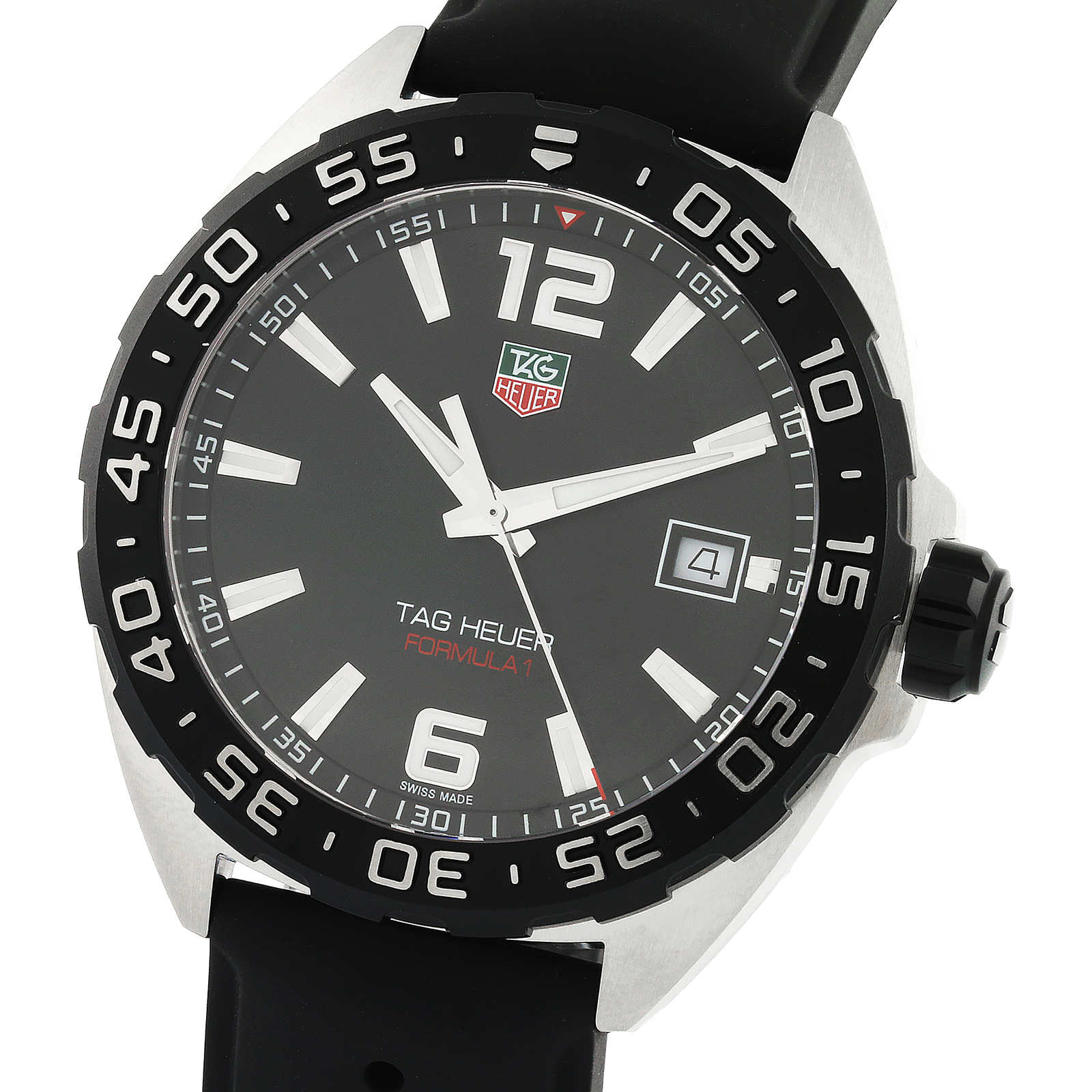 The TAG Heuer Formula 1 Date features a black dial, silver markers, date at 3 o’clock, black bezel, and a black rubber strap, all powered by reliable quartz movement.