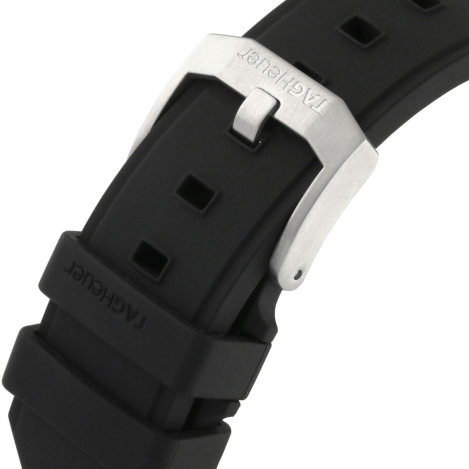 Close-up of a black TAG Heuer Formula 1 Date rubber strap with a stainless steel buckle, both engraved with the TAG Heuer logo—a hallmark of this premium Formula 1 Date watch.