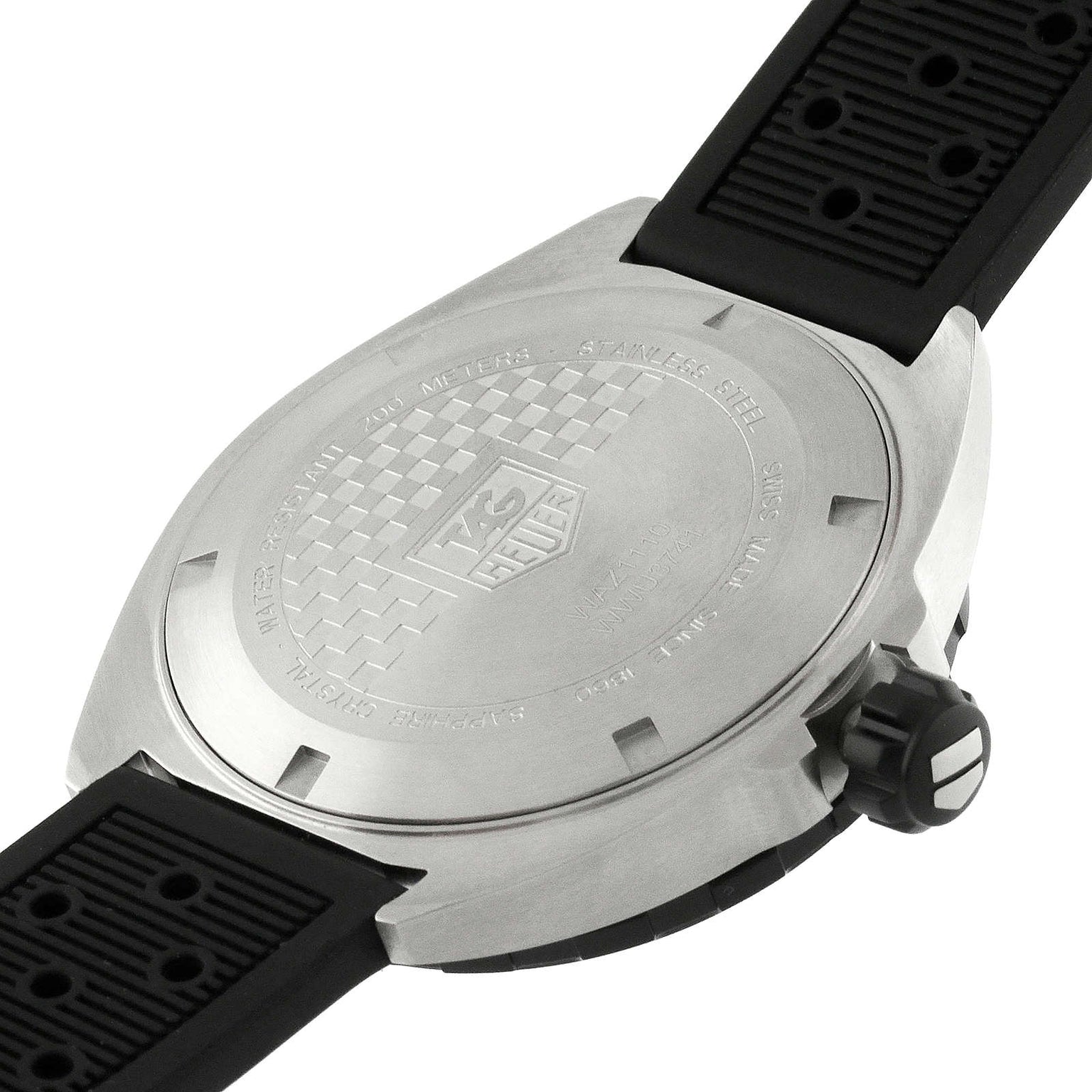 Close-up of the back of a TAG Heuer Formula 1 Date watch with a stainless steel case and black rubber strap, featuring the engraved TAG Heuer logo and water resistance details.