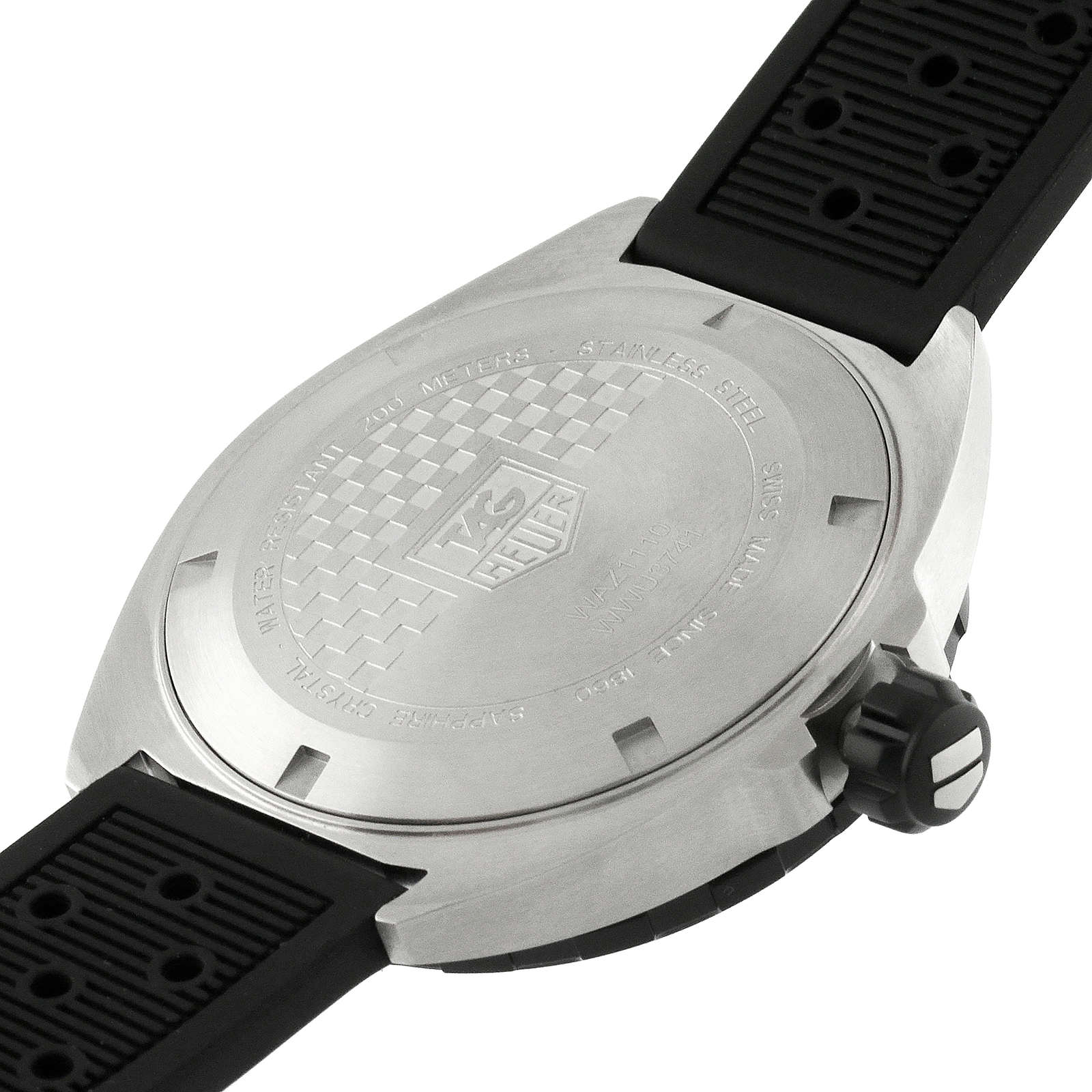 Close-up of the back of a TAG Heuer Formula 1 Date watch with a stainless steel case and black rubber strap, featuring the engraved TAG Heuer logo and water resistance details.