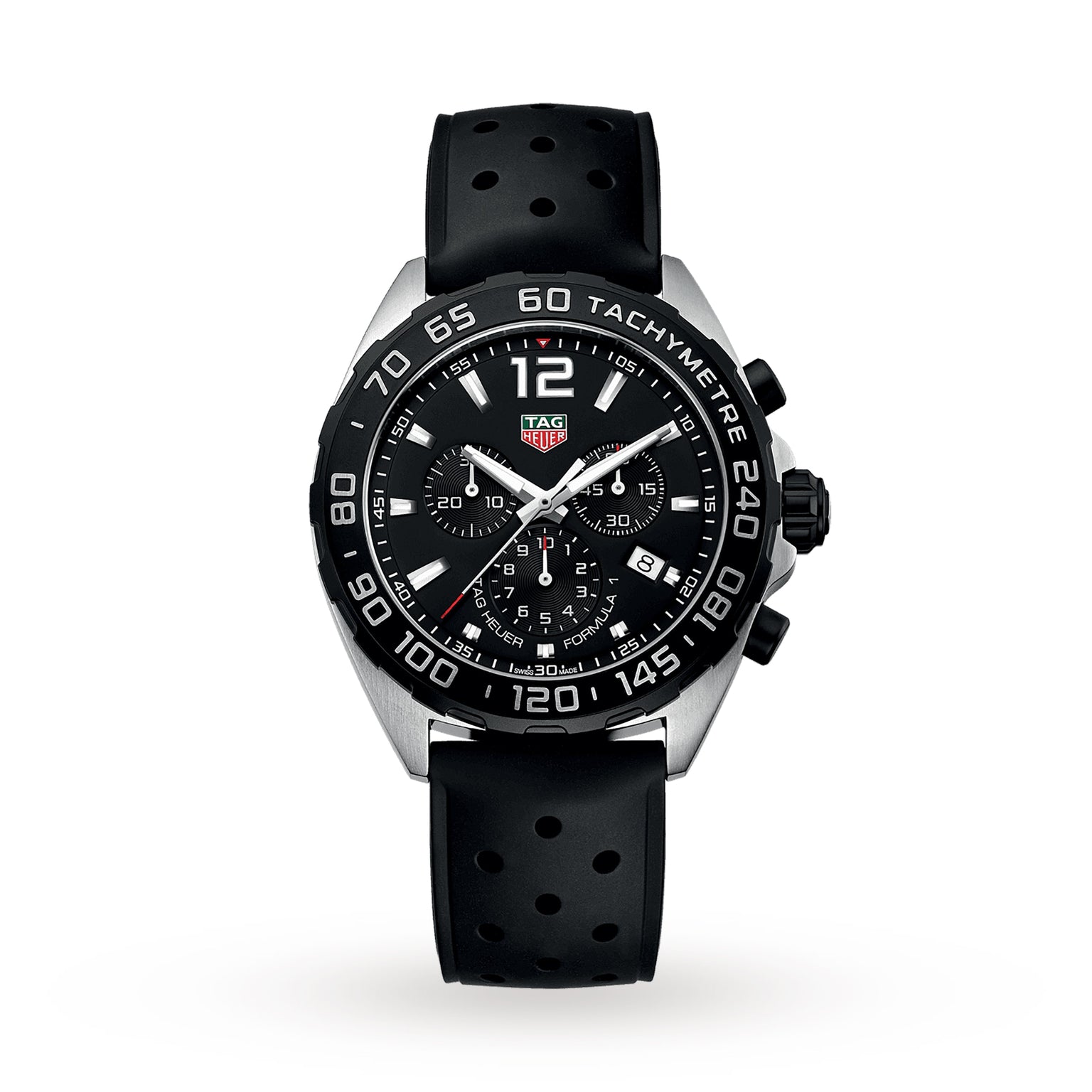 The TAG Heuer Formula 1 Chronograph features a black dial, silver bezel, and perforated black rubber strap.