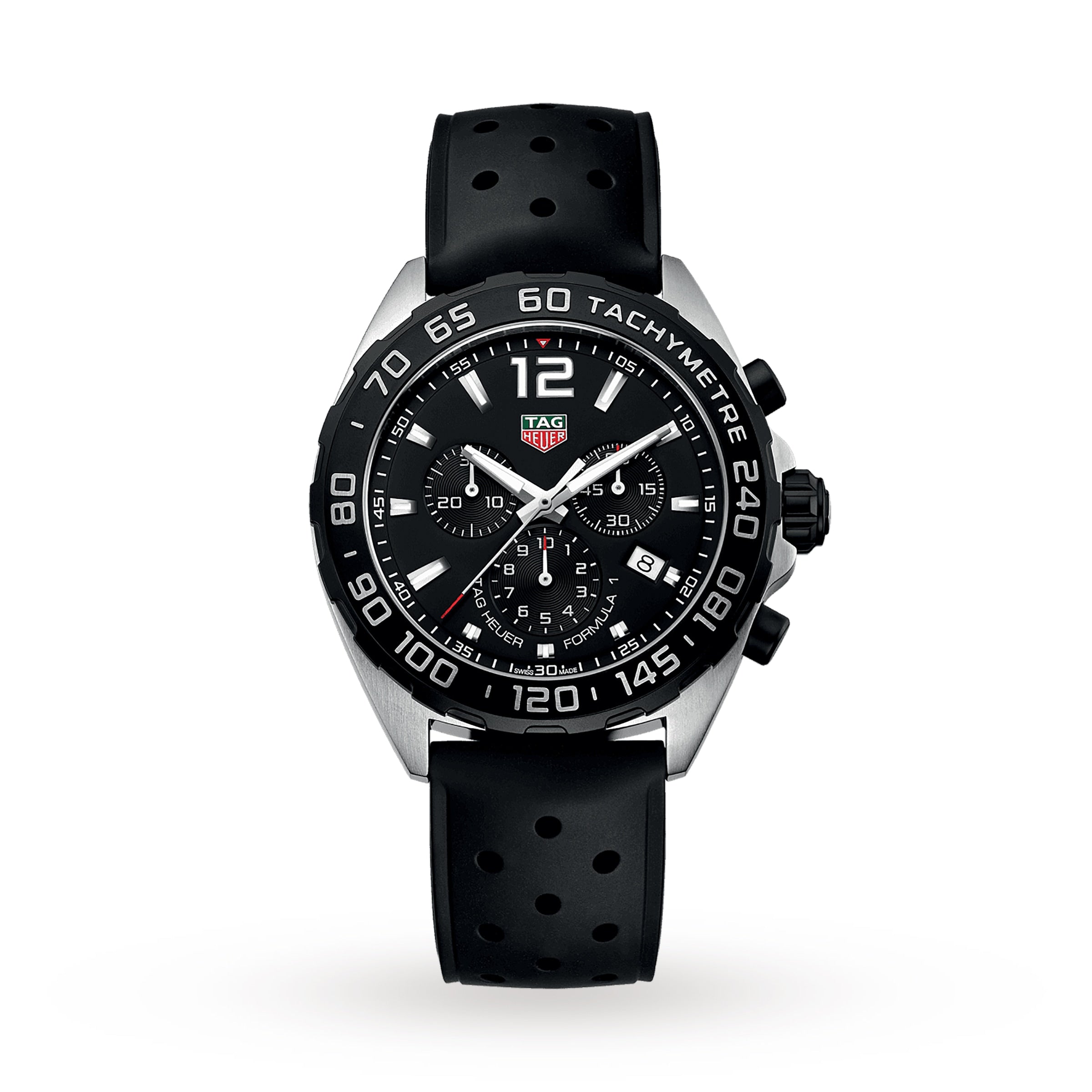 The TAG Heuer Formula 1 Chronograph features a black dial, silver bezel, and perforated black rubber strap.