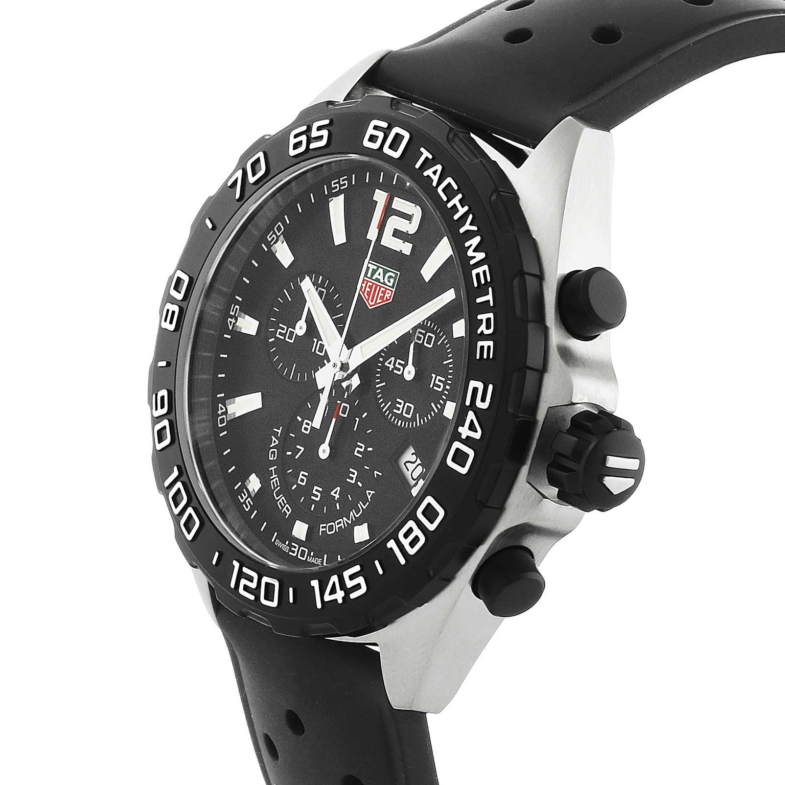 The TAG Heuer Formula 1 Chronograph features a tachymeter bezel, black dial, and perforated black rubber strap.