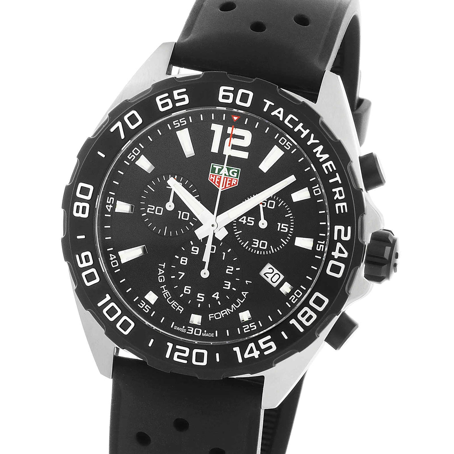 The TAG Heuer Formula 1 Chronograph features a black dial, tachymeter bezel, three subdials, date display, and a stylish black rubber strap.