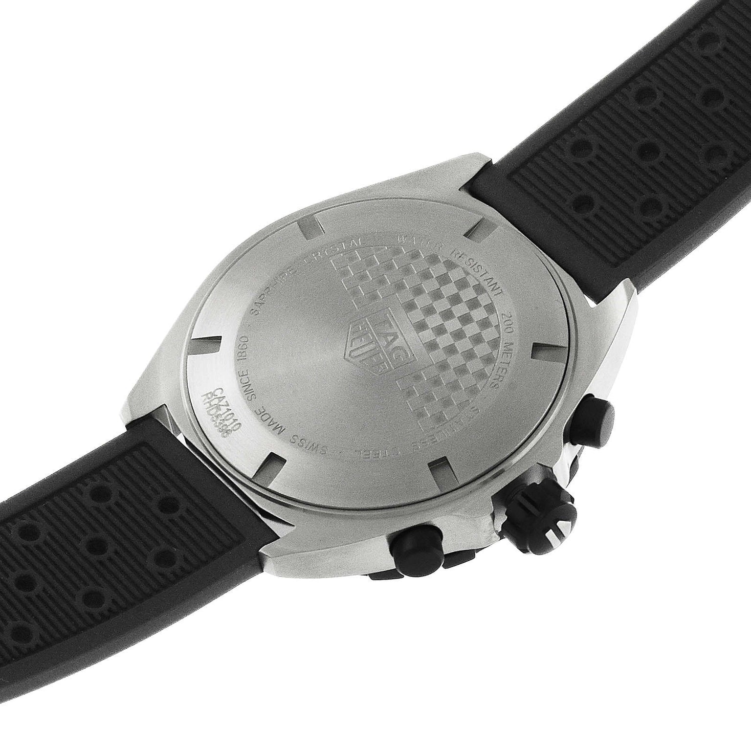 A close-up of the TAG Heuer Formula 1 Chronograph shows its black perforated rubber strap and brushed stainless steel case back.