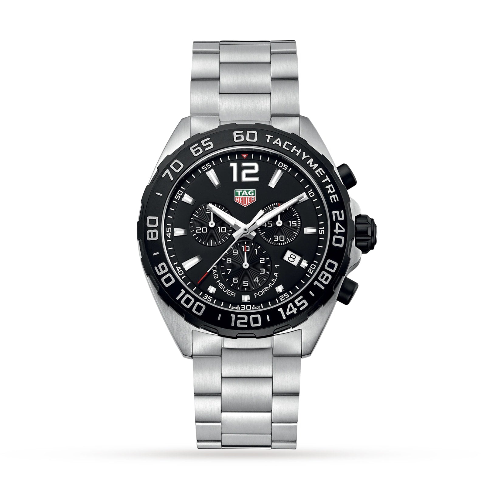 A TAG Heuer Formula 1 Chronograph wristwatch with a black dial, tachymeter bezel, three subdials, and a stainless steel link bracelet is displayed against a white background.