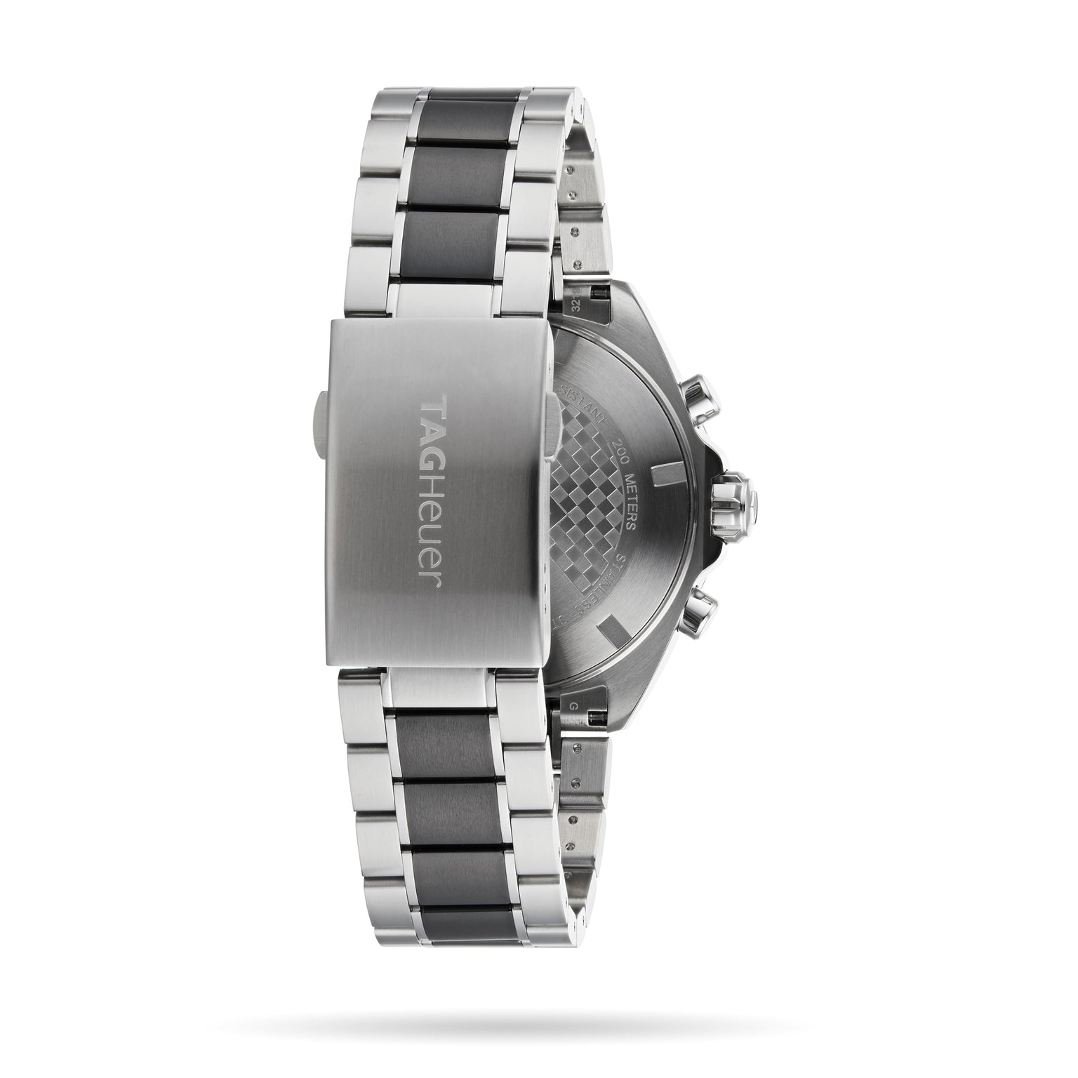 Rear view of the TAG Heuer Formula 1 Chronograph, featuring a stainless steel bracelet, branded clasp, visible case back, and chronograph buttons—all reflecting its motor racing-inspired style.