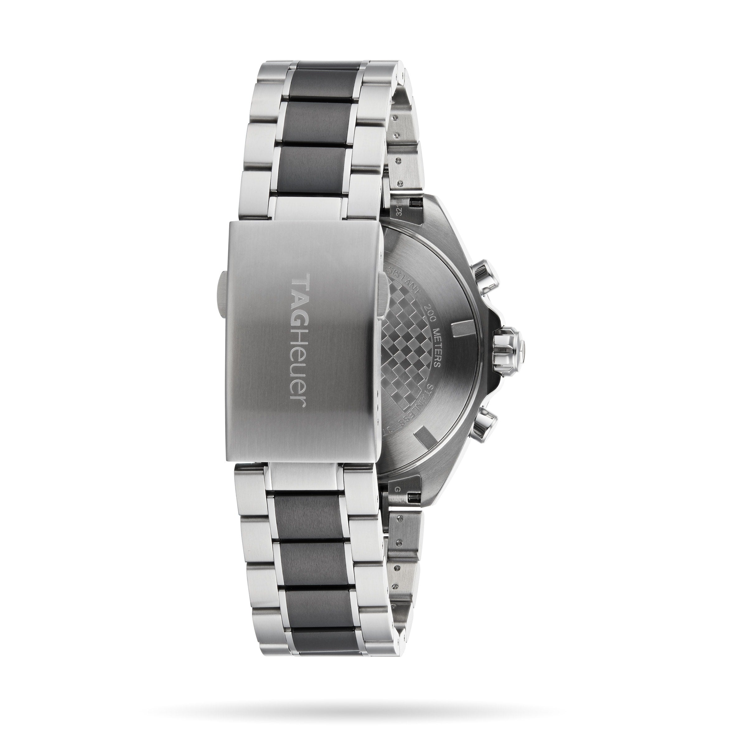 Rear view of the TAG Heuer Formula 1 Chronograph, featuring a stainless steel bracelet, branded clasp, visible case back, and chronograph buttons—all reflecting its motor racing-inspired style.