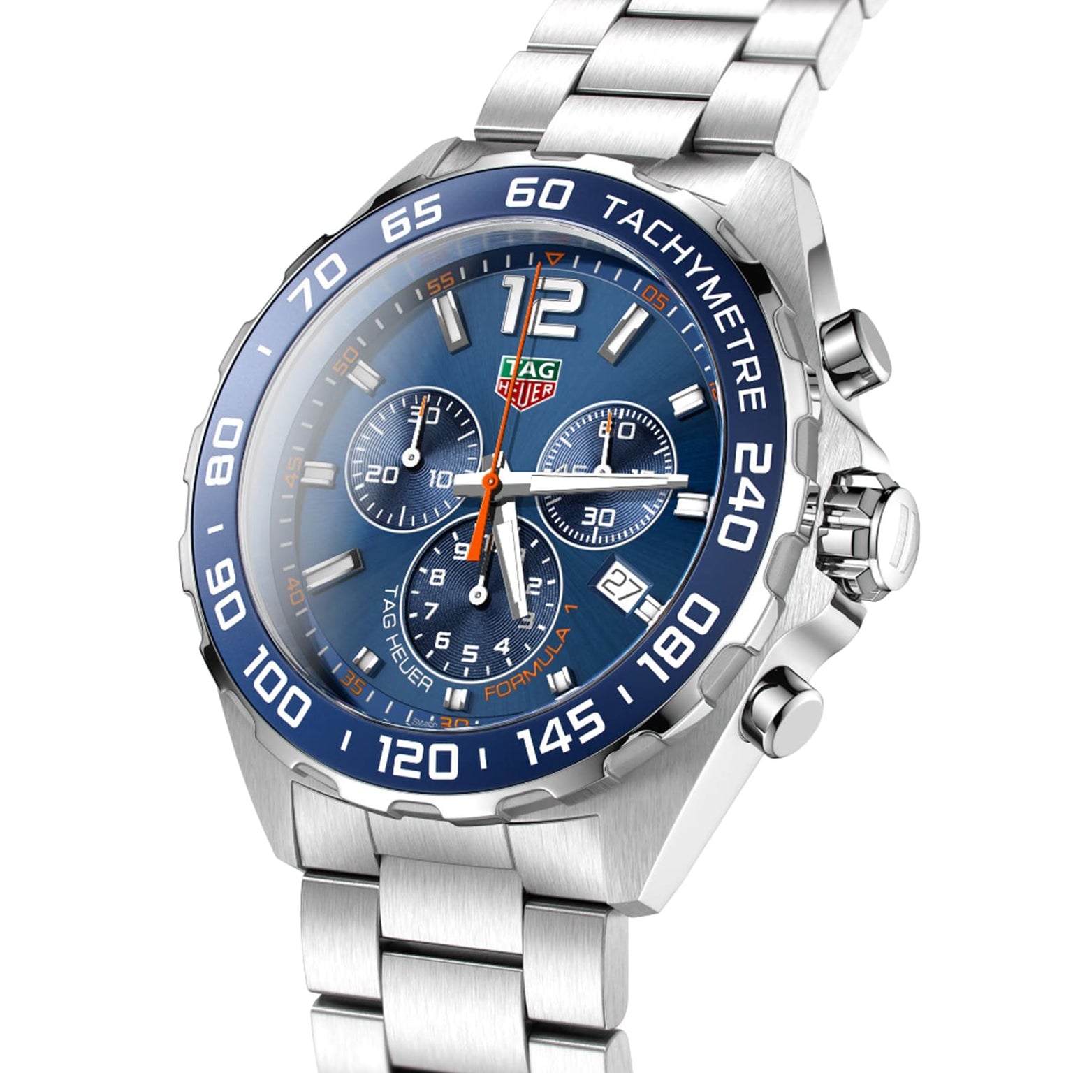 The TAG Heuer Formula 1 Chronograph features a stainless steel case, blue dial, tachymeter bezel, three subdials, date display, and is shown angled on a metal bracelet.